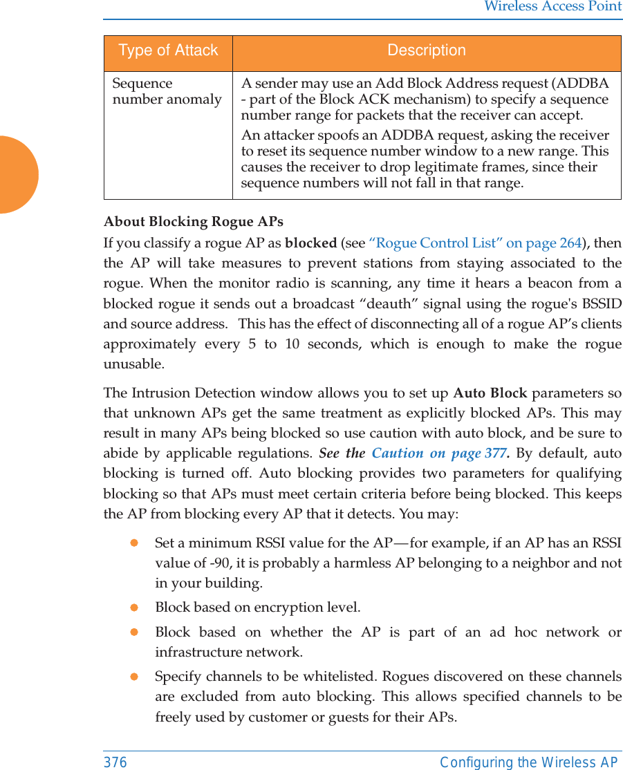 Wireless Access Point376 Configuring the Wireless APAbout Blocking Rogue APsIf you classify a rogue AP as blocked (see “Rogue Control List” on page 264), then the AP will take measures to prevent stations from staying associated to the rogue. When the monitor radio is scanning, any time it hears a beacon from a blocked rogue it sends out a broadcast “deauth” signal using the rogue&apos;s BSSID and source address.   This has the effect of disconnecting all of a rogue AP’s clients approximately every 5 to 10 seconds, which is enough to make the rogue unusable.The Intrusion Detection window allows you to set up Auto Block parameters so that unknown APs get the same treatment as explicitly blocked APs. This may result in many APs being blocked so use caution with auto block, and be sure to abide by applicable regulations. See the Caution on page 377. By default, auto blocking is turned off. Auto blocking provides two parameters for qualifying blocking so that APs must meet certain criteria before being blocked. This keeps the AP from blocking every AP that it detects. You may:zSet a minimum RSSI value for the AP — for example, if an AP has an RSSI value of -90, it is probably a harmless AP belonging to a neighbor and not in your building.zBlock based on encryption level.zBlock based on whether the AP is part of an ad hoc network or infrastructure network. zSpecify channels to be whitelisted. Rogues discovered on these channels are excluded from auto blocking. This allows specified channels to be freely used by customer or guests for their APs.Sequence number anomaly A sender may use an Add Block Address request (ADDBA - part of the Block ACK mechanism) to specify a sequence number range for packets that the receiver can accept. An attacker spoofs an ADDBA request, asking the receiver to reset its sequence number window to a new range. This causes the receiver to drop legitimate frames, since their sequence numbers will not fall in that range. Type of Attack Description
