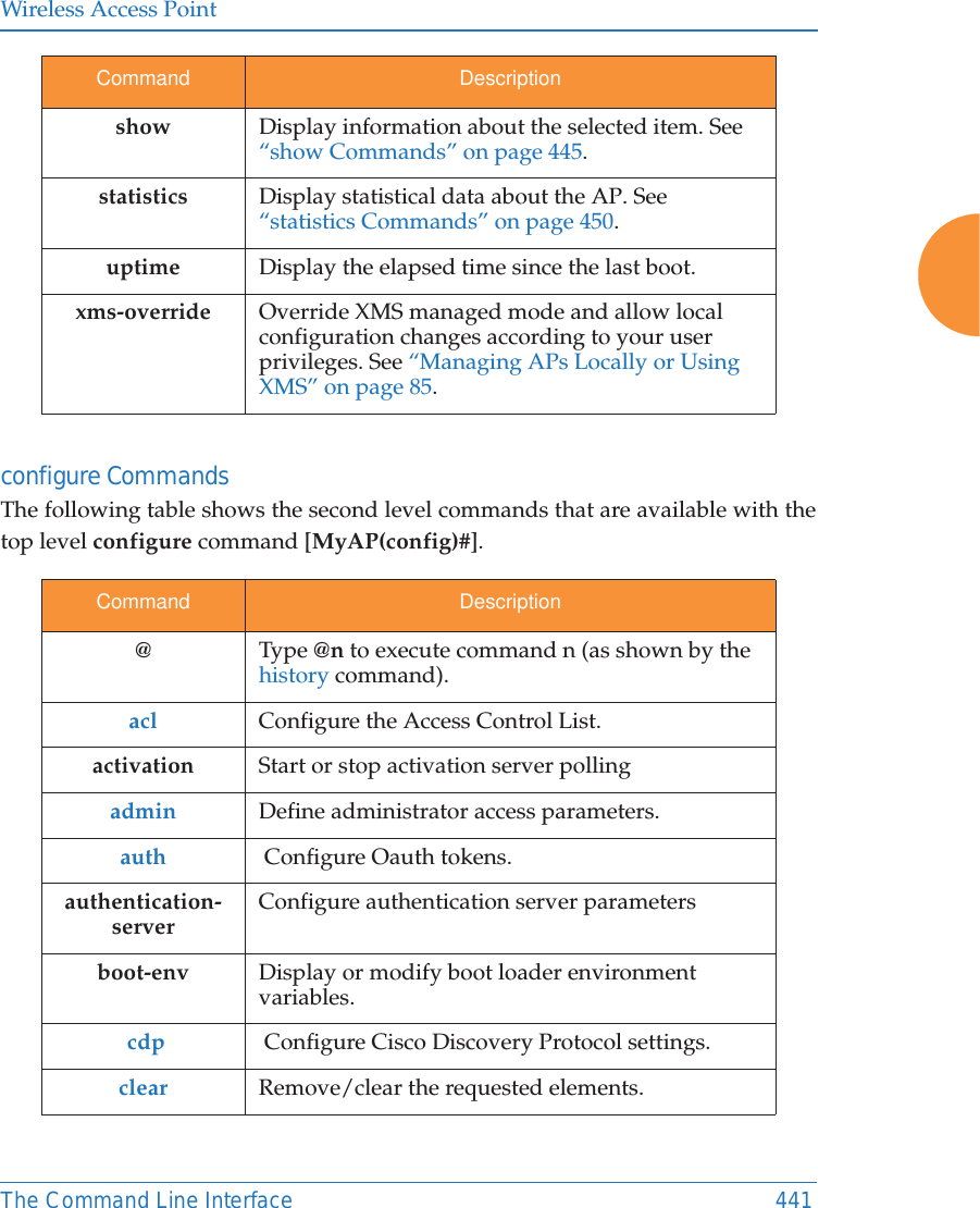 Wireless Access PointThe Command Line Interface 441configure CommandsThe following table shows the second level commands that are available with the top level configure command [MyAP(config)#]. show Display information about the selected item. See “show Commands” on page 445. statistics Display statistical data about the AP. See “statistics Commands” on page 450. uptime Display the elapsed time since the last boot.xms-override Override XMS managed mode and allow local configuration changes according to your user privileges. See “Managing APs Locally or Using XMS” on page 85.Command Description@  Type @n to execute command n (as shown by the history command).acl Configure the Access Control List.activation Start or stop activation server pollingadmin Define administrator access parameters.auth   Configure Oauth tokens. authentication-serverConfigure authentication server parametersboot-env Display or modify boot loader environment variables. cdp   Configure Cisco Discovery Protocol settings. clear Remove/clear the requested elements.Command Description