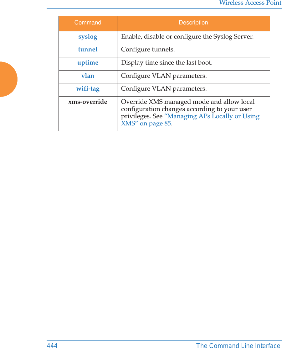 Wireless Access Point444 The Command Line Interfacesyslog Enable, disable or configure the Syslog Server.tunnel Configure tunnels.uptime Display time since the last boot.vlan Configure VLAN parameters.wifi-tag Configure VLAN parameters.xms-override Override XMS managed mode and allow local configuration changes according to your user privileges. See “Managing APs Locally or Using XMS” on page 85.Command Description
