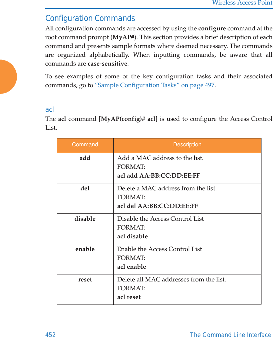 Wireless Access Point452 The Command Line InterfaceConfiguration CommandsAll configuration commands are accessed by using the configure command at the root command prompt (MyAP#). This section provides a brief description of each command and presents sample formats where deemed necessary. The commands are organized alphabetically. When inputting commands, be aware that all commands are case-sensitive.To see examples of some of the key configuration tasks and their associated commands, go to “Sample Configuration Tasks” on page 497.acl The acl command [MyAP(config)# acl] is used to configure the Access Control List.Command Descriptionadd  Add a MAC address to the list.FORMAT:acl add AA:BB:CC:DD:EE:FFdel Delete a MAC address from the list.FORMAT:acl del AA:BB:CC:DD:EE:FFdisable Disable the Access Control ListFORMAT:acl disableenable Enable the Access Control ListFORMAT:acl enablereset Delete all MAC addresses from the list.FORMAT:acl reset