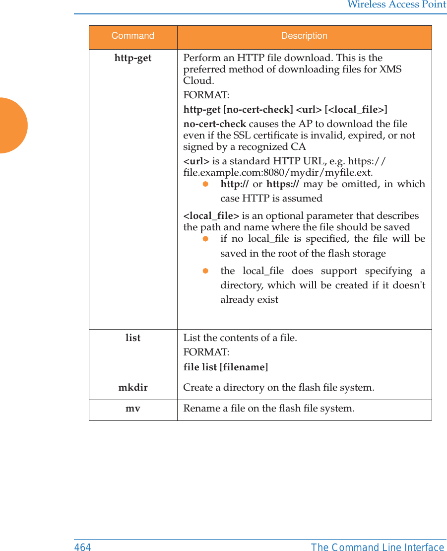 Wireless Access Point464 The Command Line Interfacehttp-get Perform an HTTP file download. This is the preferred method of downloading files for XMS Cloud. FORMAT:http-get [no-cert-check] &lt;url&gt; [&lt;local_file&gt;]no-cert-check causes the AP to download the file even if the SSL certificate is invalid, expired, or not signed by a recognized CA&lt;url&gt; is a standard HTTP URL, e.g. https://file.example.com:8080/mydir/myfile.ext.zhttp:// or https:// may be omitted, in which case HTTP is assumed&lt;local_file&gt; is an optional parameter that describes the path and name where the file should be savedzif no local_file is specified, the file will be saved in the root of the flash storagezthe local_file does support specifying a directory, which will be created if it doesn&apos;t already existlist List the contents of a file.FORMAT:file list [filename]mkdir Create a directory on the flash file system.mv Rename a file on the flash file system.Command Description
