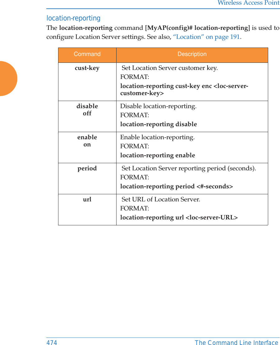 Wireless Access Point474 The Command Line Interfacelocation-reporting The location-reporting command [MyAP(config)# location-reporting] is used to configure Location Server settings. See also, “Location” on page 191. Command Descriptioncust-key   Set Location Server customer key.FORMAT:location-reporting cust-key enc &lt;loc-server-customer-key&gt; disableoffDisable location-reporting.FORMAT:location-reporting disableenableonEnable location-reporting.FORMAT:location-reporting enableperiod   Set Location Server reporting period (seconds).FORMAT:location-reporting period &lt;#-seconds&gt; url   Set URL of Location Server.FORMAT:location-reporting url &lt;loc-server-URL&gt; 