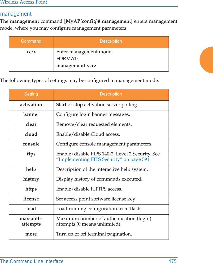 Wireless Access PointThe Command Line Interface 475management The management command [MyAP(config)# management] enters management mode, where you may configure management parameters.The following types of settings may be configured in management mode:Command Description&lt;cr&gt; Enter management mode.FORMAT:management &lt;cr&gt;Setting Descriptionactivation Start or stop activation server polling.banner Configure login banner messages.clear Remove/clear requested elements.cloud Enable/disable Cloud access.console Configure console management parameters.fips Enable/disable FIPS 140-2, Level 2 Security. See “Implementing FIPS Security” on page 591. help Description of the interactive help system.history Display history of commands executed.https Enable/disable HTTPS access.license Set access point software license keyload Load running configuration from flash.max-auth-attemptsMaximum number of authentication (login) attempts (0 means unlimited).more Turn on or off terminal pagination.