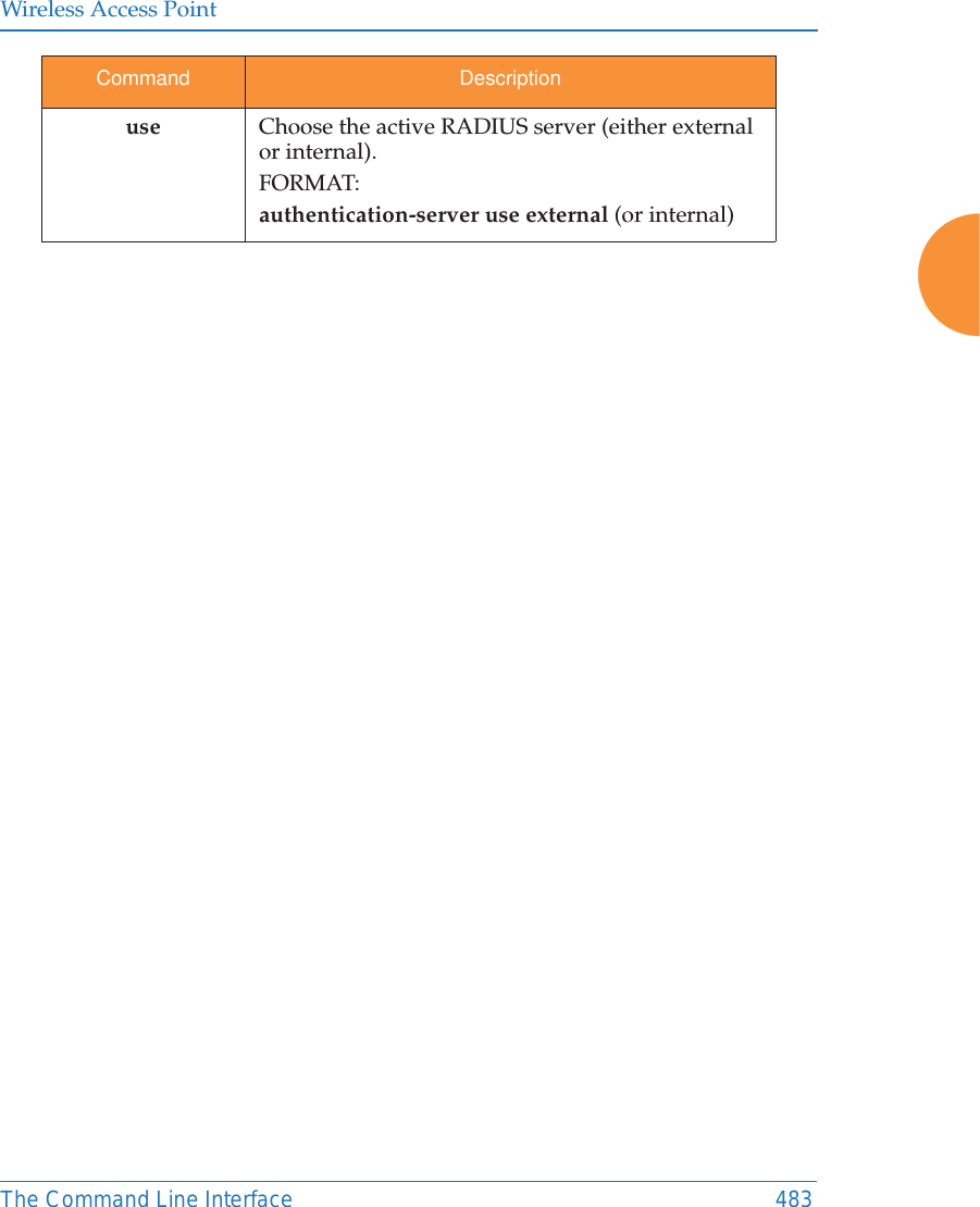 Wireless Access PointThe Command Line Interface 483use Choose the active RADIUS server (either external or internal).FORMAT:authentication-server use external (or internal)Command Description