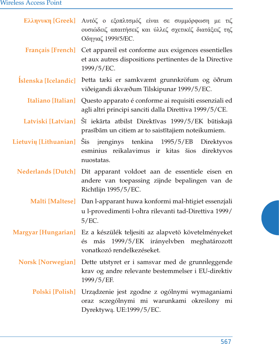 Wireless Access Point567ǼȜȜȘȞȣțȘ [Greek] ǹȣĲȩȗ Ƞ İȟȠʌȜĲıȝȩȗ İȓȞĮȚ ıİ ıȣȝȝȩȡĳȦıȘ ȝİ ĲȚȗ ȠȣıȚȫįİȚȗ ĮʌĮȚĲȒıİȚȗ țĮȚ ȪȜȜİȗ ıȤİĲȚțȑȗ įȚĮĲȐȟİȚȗ ĲȘȗ ȅįȘȖȚĮȗ 1999/5/EC.Français [French] Cet appareil est conforme aux exigences essentielles et aux autres dispositions pertinentes de la Directive 1999/5/EC.Ďslenska [Icelandic] Þetta tæki er samkvæmt grunnkröfum og öðrum viðeigandi ákvæðum Tilskipunar 1999/5/EC.Italiano [Italian] Questo apparato é conforme ai requisiti essenziali ed agli altri principi sanciti dalla Direttiva 1999/5/CE.Latviski [Latvian] ŠƯ iekƗrta atbilst DirektƯvas 1999/5/EK bǌtiskajƗprasƯbƗm un citiem ar to saistƯtajiem noteikumiem.Lietuviǐ [Lithuanian] Šis  Ƴrenginys tenkina 1995/5/EB Direktyvos esminius reikalavimus ir kitas šios direktyvos nuostatas.Nederlands [Dutch] Dit apparant voldoet aan de essentiele eisen en andere van toepassing zijnde bepalingen van de Richtlijn 1995/5/EC.Malti [Maltese] Dan l-apparant huwa konformi mal-htigiet essenzjali u l-provedimenti l-ohra rilevanti tad-Direttiva 1999/5/EC.Margyar [Hungarian] Ez a készülék teljesiti az alapvetö követelményeket és más 1999/5/EK irányelvben meghatározott vonatkozó rendelkezéseket.Norsk [Norwegian] Dette utstyret er i samsvar med de grunnleggende krav og andre relevante bestemmelser i EU-direktiv 1999/5/EF.Polski [Polish] Urządzenie jest zgodne z ogólnymi wymaganiami oraz sczególnymi mi warunkami okreĞlony mi Dyrektywą. UE:1999/5/EC.
