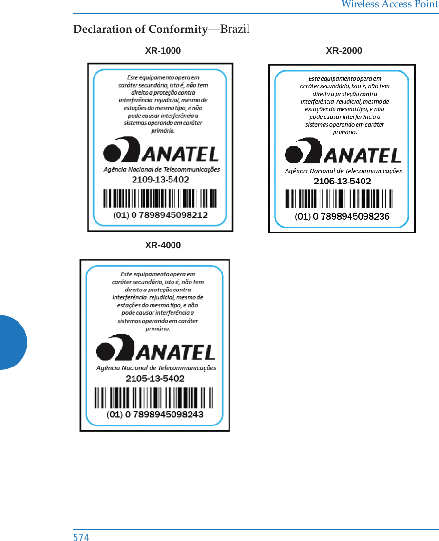 Wireless Access Point574Declaration of Conformity—BrazilXR-1000 XR-2000XR-4000