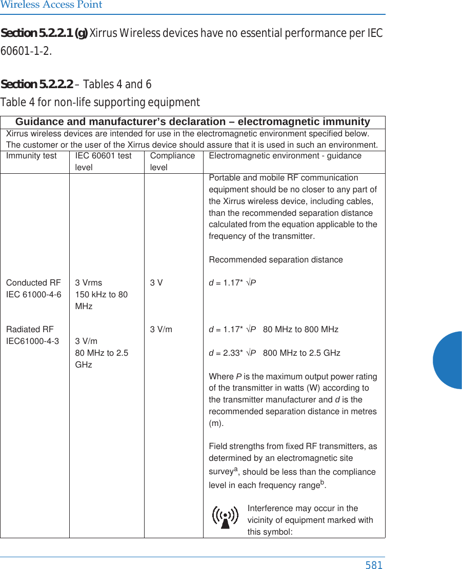 Wireless Access Point581Section5.2.2.1(g)XirrusWirelessdeviceshavenoessentialperformanceperIEC60601Ͳ1Ͳ2. Section5.2.2.2–Tables4and6Table4fornonͲlifesupportingequipmentGuidance and manufacturer’s declaration – electromagnetic immunityXirrus wireless devices are intended for use in the electromagnetic environment specified below. The customer or the user of the Xirrus device should assure that it is used in such an environment.Immunity test IEC 60601 test levelCompliance levelElectromagnetic environment - guidanceConducted RFIEC 61000-4-6Radiated RFIEC61000-4-33 Vrms150 kHz to 80 MHz3 V/m80 MHz to 2.5 GHz3 V3 V/mPortable and mobile RF communication equipment should be no closer to any part of the Xirrus wireless device, including cables, than the recommended separation distance calculated from the equation applicable to the frequency of the transmitter.Recommended separation distanced = 1.17* ¥Pd = 1.17* ¥P   80 MHz to 800 MHzd = 2.33* ¥P   800 MHz to 2.5 GHzWhere P is the maximum output power rating of the transmitter in watts (W) according to the transmitter manufacturer and d is the recommended separation distance in metres (m).Field strengths from fixed RF transmitters, as determined by an electromagnetic site surveya, should be less than the compliance level in each frequency rangeb.Interference may occur in the vicinity of equipment marked with this symbol: 