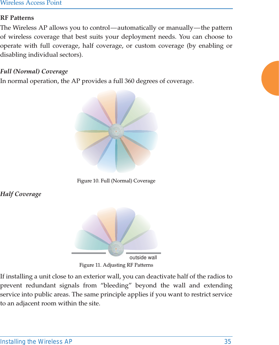 Wireless Access PointInstalling the Wireless AP 35RF PatternsThe Wireless AP allows you to control — automatically  or  manually — the  pattern of wireless coverage that best suits your deployment needs. You can choose to operate with full coverage, half coverage, or custom coverage (by enabling or disabling individual sectors).Full (Normal) CoverageIn normal operation, the AP provides a full 360 degrees of coverage.Figure 10. Full (Normal) CoverageHalf CoverageFigure 11. Adjusting RF PatternsIf installing a unit close to an exterior wall, you can deactivate half of the radios to prevent redundant signals from “bleeding” beyond the wall and extending service into public areas. The same principle applies if you want to restrict service to an adjacent room within the site.outside wall