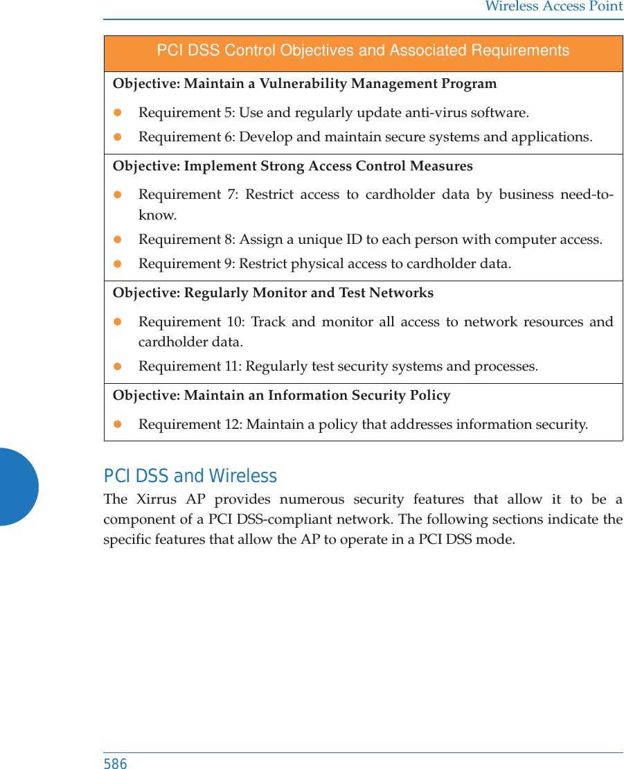 Wireless Access Point586PCI DSS and Wireless The Xirrus AP provides numerous security features that allow it to be a component of a PCI DSS-compliant network. The following sections indicate the specific features that allow the AP to operate in a PCI DSS mode. Objective: Maintain a Vulnerability Management ProgramzRequirement 5: Use and regularly update anti-virus software.zRequirement 6: Develop and maintain secure systems and applications.Objective: Implement Strong Access Control MeasureszRequirement 7: Restrict access to cardholder data by business need-to-know.zRequirement 8: Assign a unique ID to each person with computer access.zRequirement 9: Restrict physical access to cardholder data. Objective: Regularly Monitor and Test NetworkszRequirement 10: Track and monitor all access to network resources and cardholder data.zRequirement 11: Regularly test security systems and processes.Objective: Maintain an Information Security PolicyzRequirement 12: Maintain a policy that addresses information security.PCI DSS Control Objectives and Associated Requirements