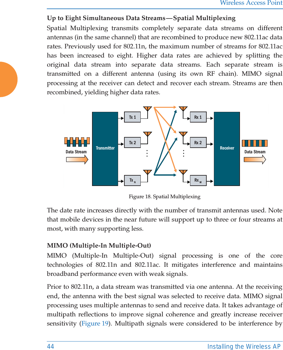 Wireless Access Point44 Installing the Wireless APUp to Eight Simultaneous Data Streams — Spatial MultiplexingSpatial Multiplexing transmits completely separate data streams on different antennas (in the same channel) that are recombined to produce new 802.11ac data rates. Previously used for 802.11n, the maximum number of streams for 802.11ac has been increased to eight. Higher data rates are achieved by splitting the original data stream into separate data streams. Each separate stream is transmitted on a different antenna (using its own RF chain). MIMO signal processing at the receiver can detect and recover each stream. Streams are then recombined, yielding higher data rates. Figure 18. Spatial MultiplexingThe date rate increases directly with the number of transmit antennas used. Note that mobile devices in the near future will support up to three or four streams at most, with many supporting less.MIMO (Multiple-In Multiple-Out) MIMO (Multiple-In Multiple-Out) signal processing is one of the core technologies of 802.11n and 802.11ac. It mitigates interference and maintains broadband performance even with weak signals. Prior to 802.11n, a data stream was transmitted via one antenna. At the receiving end, the antenna with the best signal was selected to receive data. MIMO signal processing uses multiple antennas to send and receive data. It takes advantage of multipath reflections to improve signal coherence and greatly increase receiver sensitivity (Figure 19). Multipath signals were considered to be interference by MRx 1Rx 2Rx MMTransmitterData Stream Data StreamReceiverTx 1Tx 2Tx N