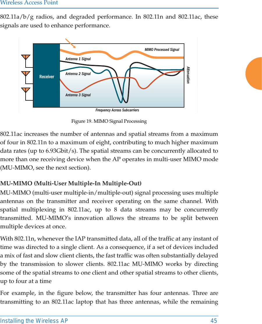 Wireless Access PointInstalling the Wireless AP 45802.11a/b/g radios, and degraded performance. In 802.11n and 802.11ac, these signals are used to enhance performance. Figure 19. MIMO Signal Processing802.11ac increases the number of antennas and spatial streams from a maximum of four in 802.11n to a maximum of eight, contributing to much higher maximum data rates (up to 6.93Gbit/s). The spatial streams can be concurrently allocated to more than one receiving device when the AP operates in multi-user MIMO mode (MU-MIMO, see the next section).MU-MIMO (Multi-User Multiple-In Multiple-Out) MU-MIMO (multi-user multiple-in/multiple-out) signal processing uses multiple antennas on the transmitter and receiver operating on the same channel. With spatial multiplexing in 802.11ac, up to 8 data streams may be concurrently transmitted. MU-MIMO’s innovation allows the streams to be split between multiple devices at once. With 802.11n, whenever the IAP transmitted data, all of the traffic at any instant of time was directed to a single client. As a consequence, if a set of devices included a mix of fast and slow client clients, the fast traffic was often substantially delayed by the transmission to slower clients. 802.11ac MU-MIMO works by directing some of the spatial streams to one client and other spatial streams to other clients, up to four at a timeFor example, in the figure below, the transmitter has four antennas. Three are transmitting to an 802.11ac laptop that has three antennas, while the remaining Frequency Across SubcarriersAttenuationAntenna 1 SignalMIMO Processed SignalAntenna 2 SignalAntenna 3 SignalReceiver