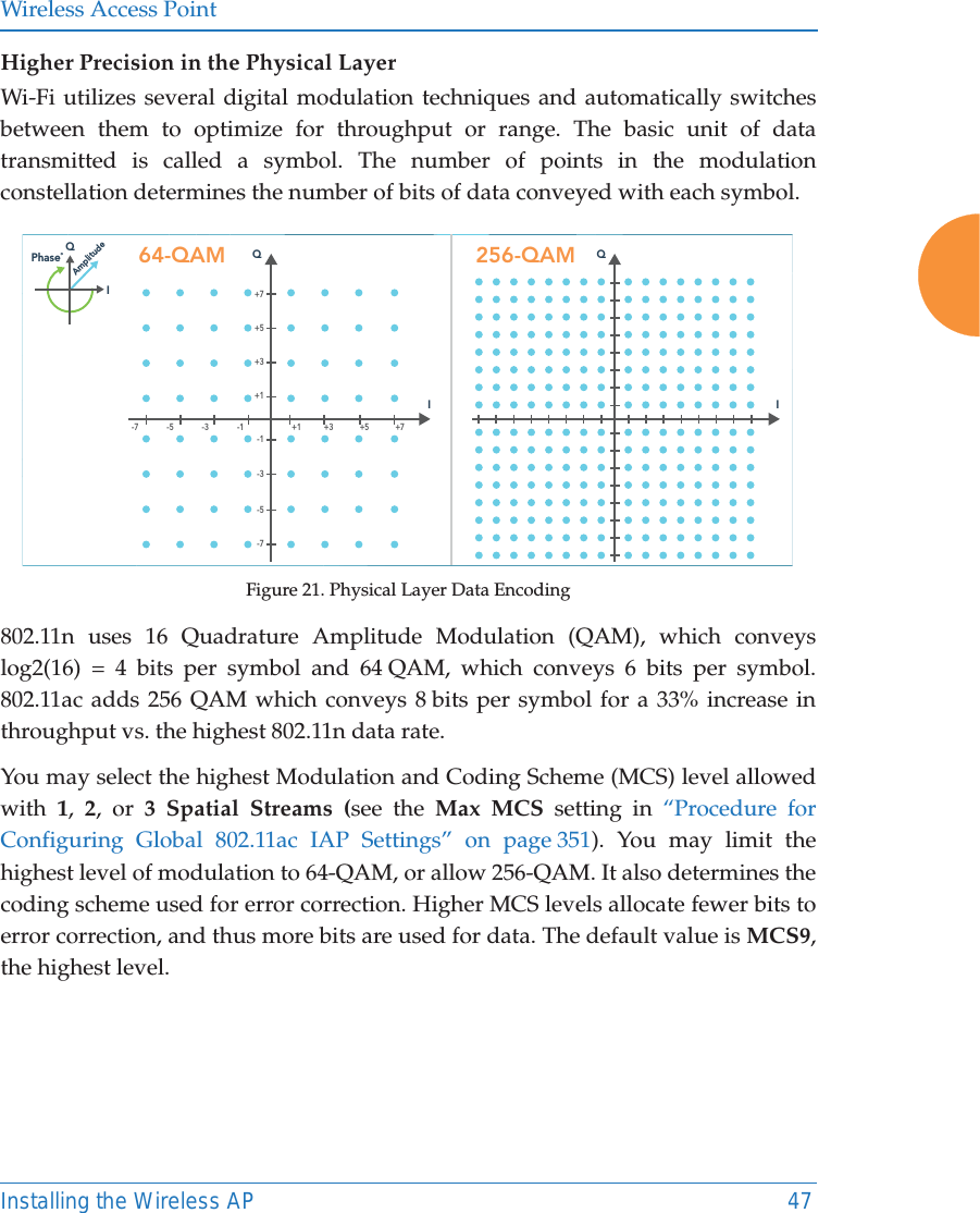 Wireless Access PointInstalling the Wireless AP 47Higher Precision in the Physical LayerWi-Fi utilizes several digital modulation techniques and automatically switches between them to optimize for throughput or range. The basic unit of data transmitted is called a symbol. The number of points in the modulation constellation determines the number of bits of data conveyed with each symbol. Figure 21. Physical Layer Data Encoding802.11n uses 16 Quadrature Amplitude Modulation (QAM), which conveys log2(16) = 4 bits per symbol and 64 QAM, which conveys 6 bits per symbol. 802.11ac adds 256 QAM which conveys 8 bits per symbol for a 33% increase in throughput vs. the highest 802.11n data rate.You may select the highest Modulation and Coding Scheme (MCS) level allowed with  1,  2, or 3 Spatial Streams (see the Max MCS setting in “Procedure for Configuring Global 802.11ac IAP Settings” on page 351). You may limit the highest level of modulation to 64-QAM, or allow 256-QAM. It also determines the coding scheme used for error correction. Higher MCS levels allocate fewer bits to error correction, and thus more bits are used for data. The default value is MCS9, the highest level. 256-QAMIQ64-QAMQ+1-1 +1 +3 +5 +7-3-5-7+3+5+7I-7-5-3-1IQPhase˚Amplitude