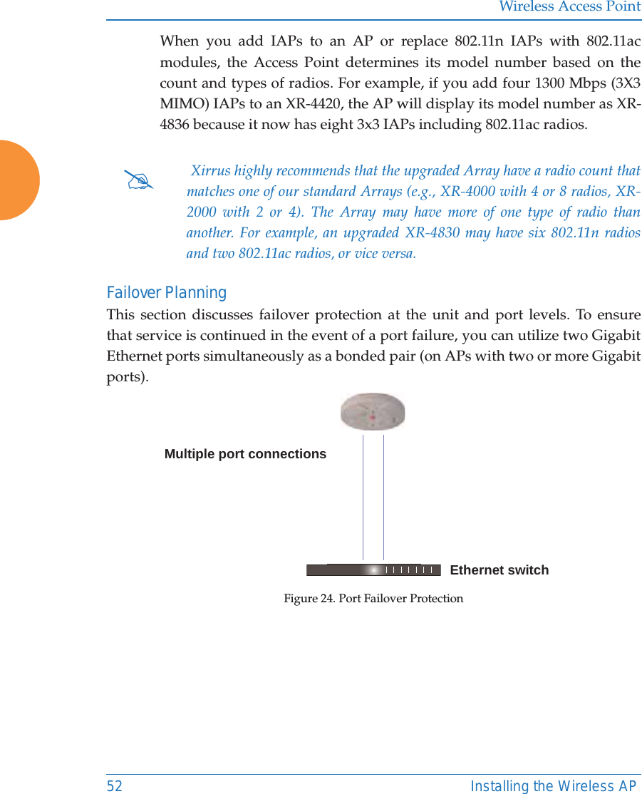 Wireless Access Point52 Installing the Wireless APWhen you add IAPs to an AP or replace 802.11n IAPs with 802.11ac modules, the Access Point determines its model number based on the count and types of radios. For example, if you add four 1300 Mbps (3X3 MIMO) IAPs to an XR-4420, the AP will display its model number as XR-4836 because it now has eight 3x3 IAPs including 802.11ac radios.  Failover PlanningThis section discusses failover protection at the unit and port levels. To ensure that service is continued in the event of a port failure, you can utilize two Gigabit Ethernet ports simultaneously as a bonded pair (on APs with two or more Gigabit ports).Figure 24. Port Failover Protection # Xirrus highly recommends that the upgraded Array have a radio count that matches one of our standard Arrays (e.g., XR-4000 with 4 or 8 radios, XR-2000 with 2 or 4). The Array may have more of one type of radio than another. For example, an upgraded XR-4830 may have six 802.11n radios and two 802.11ac radios, or vice versa. Ethernet switchMultiple port connections