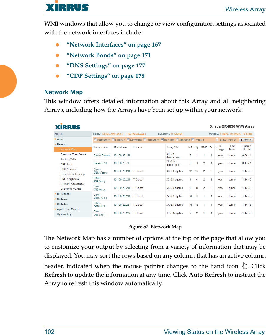 Wireless Array102 Viewing Status on the Wireless ArrayWMI windows that allow you to change or view configuration settings associated with the network interfaces include:“Network Interfaces” on page 167“Network Bonds” on page 171“DNS Settings” on page 177“CDP Settings” on page 178Network MapThis window offers detailed information about this Array and all neighboring Arrays, including how the Arrays have been set up within your network.Figure 52. Network Map The Network Map has a number of options at the top of the page that allow you to customize your output by selecting from a variety of information that may be displayed. You may sort the rows based on any column that has an active column header, indicated when the mouse pointer changes to the hand icon  . Click Refresh to update the information at any time. Click Auto Refresh to instruct the Array to refresh this window automatically.