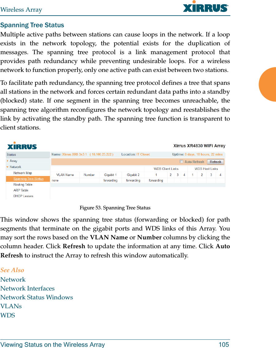 Wireless ArrayViewing Status on the Wireless Array 105Spanning Tree StatusMultiple active paths between stations can cause loops in the network. If a loop exists in the network topology, the potential exists for the duplication of messages. The spanning tree protocol is a link management protocol that provides path redundancy while preventing undesirable loops. For a wireless network to function properly, only one active path can exist between two stations. To facilitate path redundancy, the spanning tree protocol defines a tree that spans all stations in the network and forces certain redundant data paths into a standby (blocked) state. If one segment in the spanning tree becomes unreachable, the spanning tree algorithm reconfigures the network topology and reestablishes the link by activating the standby path. The spanning tree function is transparent to client stations.Figure 53. Spanning Tree StatusThis window shows the spanning tree status (forwarding or blocked) for path segments that terminate on the gigabit ports and WDS links of this Array. You may sort the rows based on the VLAN Name or Number columns by clicking the column header. Click Refresh to update the information at any time. Click Auto Refresh to instruct the Array to refresh this window automatically.See AlsoNetworkNetwork InterfacesNetwork Status WindowsVLANsWDS