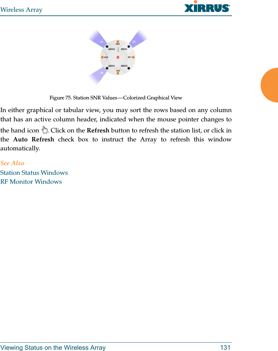 Wireless ArrayViewing Status on the Wireless Array 131Figure 75. Station SNR Values — Colorized Graphical ViewIn either graphical or tabular view, you may sort the rows based on any column that has an active column header, indicated when the mouse pointer changes to the hand icon  . Click on the Refresh button to refresh the station list, or click in the  Auto Refresh check box to instruct the Array to refresh this window automatically. See AlsoStation Status WindowsRF Monitor Windows