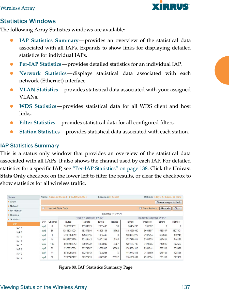 Wireless ArrayViewing Status on the Wireless Array 137Statistics WindowsThe following Array Statistics windows are available: IAP Statistics Summary — provides  an  overview  of the statistical data associated with all IAPs. Expands to show links for displaying detailed statistics for individual IAPs. Per-IAP Statistics — provides  detailed  statistics for an individual IAP. Network Statistics — displays  statistical  data associated with each network (Ethernet) interface.VLAN Statistics — provides statistical data associated with your assigned VLANs.WDS Statistics — provides  statistical  data  for all WDS client and host links.Filter Statistics — provides statistical data for all configured filters. Station Statistics — provides statistical data associated with each station. IAP Statistics SummaryThis is a status only window that provides an overview of the statistical data associated with all IAPs. It also shows the channel used by each IAP. For detailed statistics for a specific IAP, see “Per-IAP Statistics” on page 138. Click the Unicast Stats Only checkbox on the lower left to filter the results, or clear the checkbox to show statistics for all wireless traffic. Figure 80. IAP Statistics Summary Page