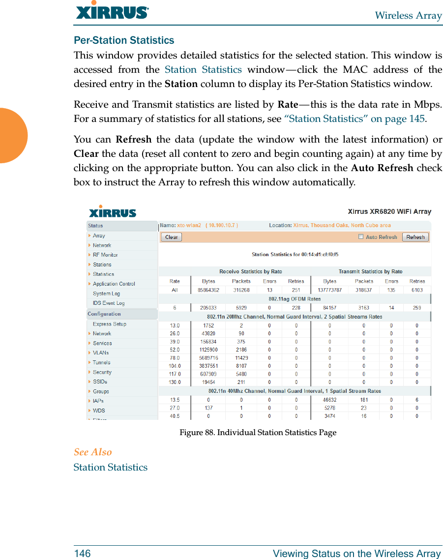 Wireless Array146 Viewing Status on the Wireless ArrayPer-Station Statistics This window provides detailed statistics for the selected station. This window is accessed from the Station Statistics window — click the MAC address of the desired entry in the Station column to display its Per-Station Statistics window. Receive and Transmit statistics are listed by Rate — this is the data rate in Mbps.For a summary of statistics for all stations, see “Station Statistics” on page 145. You can Refresh the data (update the window with the latest information) or Clear the data (reset all content to zero and begin counting again) at any time by clicking on the appropriate button. You can also click in the Auto Refresh check box to instruct the Array to refresh this window automatically. Figure 88. Individual Station Statistics PageSee AlsoStation Statistics