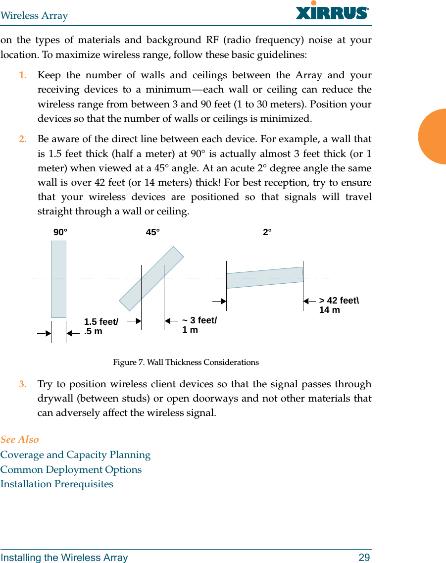 Wireless ArrayInstalling the Wireless Array 29on the types of materials and background RF (radio frequency) noise at your location. To maximize wireless range, follow these basic guidelines:1. Keep the number of walls and ceilings between the Array and your receiving devices to a minimum — each wall or ceiling can reduce the wireless range from between 3 and 90 feet (1 to 30 meters). Position your devices so that the number of walls or ceilings is minimized.2. Be aware of the direct line between each device. For example, a wall that is 1.5 feet thick (half a meter) at 90° is actually almost 3 feet thick (or 1 meter) when viewed at a 45° angle. At an acute 2° degree angle the same wall is over 42 feet (or 14 meters) thick! For best reception, try to ensure that your wireless devices are positioned so that signals will travel straight through a wall or ceiling.Figure 7. Wall Thickness Considerations3. Try to position wireless client devices so that the signal passes through drywall (between studs) or open doorways and not other materials that can adversely affect the wireless signal.See AlsoCoverage and Capacity PlanningCommon Deployment OptionsInstallation Prerequisites90° 45°1.5 feet/.5 m ~ 3 feet/1 m&gt; 42 feet\14 m2°