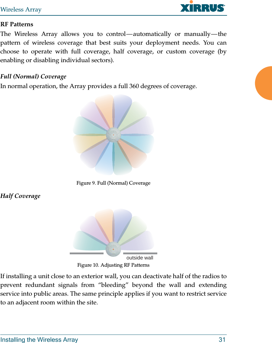 Wireless ArrayInstalling the Wireless Array 31RF PatternsThe Wireless Array allows you to control — automatically or manually — the pattern of wireless coverage that best suits your deployment needs. You can choose to operate with full coverage, half coverage, or custom coverage (by enabling or disabling individual sectors).Full (Normal) CoverageIn normal operation, the Array provides a full 360 degrees of coverage.Figure 9. Full (Normal) CoverageHalf CoverageFigure 10. Adjusting RF PatternsIf installing a unit close to an exterior wall, you can deactivate half of the radios to prevent redundant signals from “bleeding” beyond the wall and extending service into public areas. The same principle applies if you want to restrict service to an adjacent room within the site.outside wall