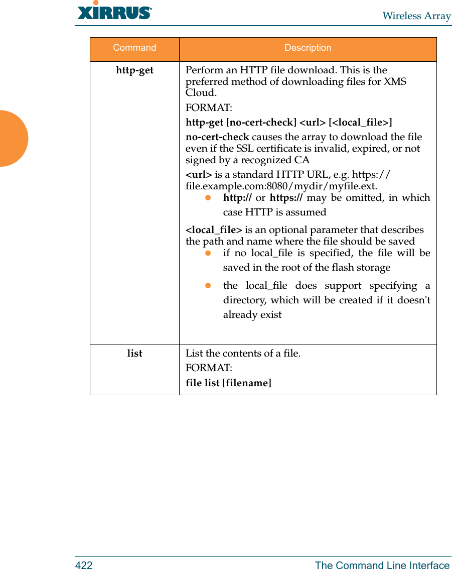 Wireless Array422 The Command Line Interfacehttp-get Perform an HTTP file download. This is the preferred method of downloading files for XMS Cloud. FORMAT:http-get [no-cert-check] &lt;url&gt; [&lt;local_file&gt;]no-cert-check causes the array to download the file even if the SSL certificate is invalid, expired, or not signed by a recognized CA&lt;url&gt; is a standard HTTP URL, e.g. https://file.example.com:8080/mydir/myfile.ext.http:// or https:// may be omitted, in which case HTTP is assumed&lt;local_file&gt; is an optional parameter that describes the path and name where the file should be savedif no local_file is specified, the file will be saved in the root of the flash storagethe local_file does support specifying a directory, which will be created if it doesn&apos;t already existlist List the contents of a file.FORMAT:file list [filename]Command Description