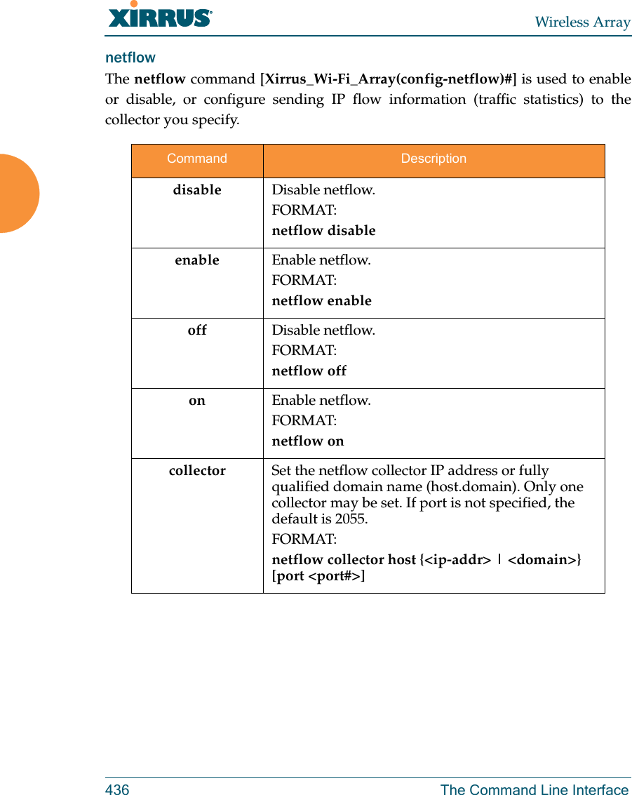 Wireless Array436 The Command Line InterfacenetflowThe netflow command [Xirrus_Wi-Fi_Array(config-netflow)#] is used to enable or disable, or configure sending IP flow information (traffic statistics) to the collector you specify.Command Descriptiondisable Disable netflow.FORMAT:netflow disableenable Enable netflow.FORMAT:netflow enableoff Disable netflow.FORMAT:netflow offon Enable netflow.FORMAT:netflow oncollector Set the netflow collector IP address or fully qualified domain name (host.domain). Only one collector may be set. If port is not specified, the default is 2055. FORMAT:netflow collector host {&lt;ip-addr&gt; | &lt;domain&gt;} [port &lt;port#&gt;]