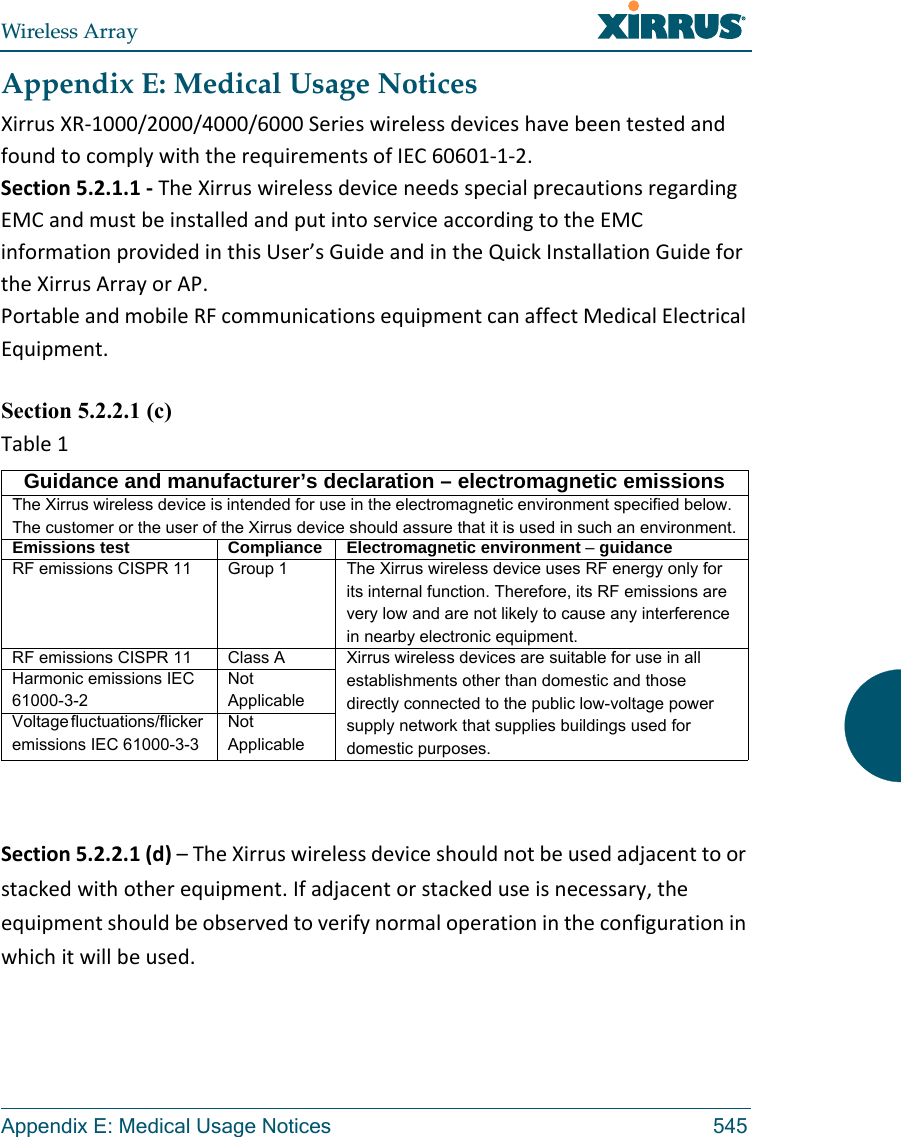 Wireless ArrayAppendix E: Medical Usage Notices 545Appendix E: Medical Usage NoticesXirrusXR‐1000/2000/4000/6000SerieswirelessdeviceshavebeentestedandfoundtocomplywiththerequirementsofIEC60601‐1‐2.Section5.2.1.1‐TheXirruswirelessdeviceneedsspecialprecautionsregardingEMCandmustbeinstalledandputintoserviceaccordingtotheEMCinformationprovidedinthisUser’sGuideandintheQuickInstallationGuidefortheXirrusArrayorAP.PortableandmobileRFcommunicationsequipmentcanaffectMedicalElectricalEquipment.Section 5.2.2.1 (c) Table1Section5.2.2.1(d)–TheXirruswirelessdeviceshouldnotbeusedadjacenttoorstackedwithotherequipment.Ifadjacentorstackeduseisnecessary,theequipmentshouldbeobservedtoverifynormaloperationintheconfigurationinwhichitwillbeused.Guidance and manufacturer’s declaration – electromagnetic emissionsThe Xirrus wireless device is intended for use in the electromagnetic environment specified below. The customer or the user of the Xirrus device should assure that it is used in such an environment.Emissions test Compliance Electromagnetic environment – guidanceRF emissions CISPR 11 Group 1 The Xirrus wireless device uses RF energy only for its internal function. Therefore, its RF emissions are very low and are not likely to cause any interference in nearby electronic equipment.RF emissions CISPR 11 Class A  Xirrus wireless devices are suitable for use in all establishments other than domestic and those directly connected to the public low-voltage power supply network that supplies buildings used for domestic purposes.Harmonic emissions IEC 61000-3-2Not ApplicableVoltage fluctuations/flicker emissions IEC 61000-3-3Not Applicable