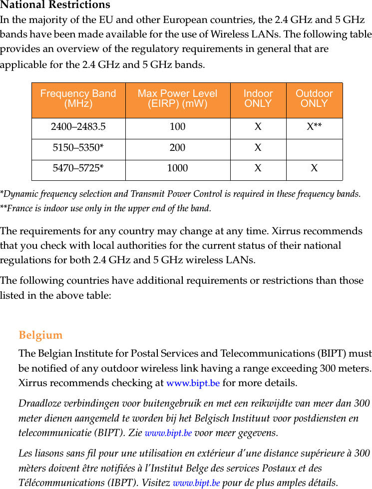 National RestrictionsIn the majority of the EU and other European countries, the 2.4 GHz and 5 GHz bands have been made available for the use of Wireless LANs. The following table provides an overview of the regulatory requirements in general that are applicable for the 2.4 GHz and 5 GHz bands.*Dynamic frequency selection and Transmit Power Control is required in these frequency bands.**France is indoor use only in the upper end of the band.The requirements for any country may change at any time. Xirrus recommends that you check with local authorities for the current status of their national regulations for both 2.4 GHz and 5 GHz wireless LANs.The following countries have additional requirements or restrictions than those listed in the above table:BelgiumThe Belgian Institute for Postal Services and Telecommunications (BIPT) must be notified of any outdoor wireless link having a range exceeding 300 meters. Xirrus recommends checking at www.bipt.be for more details.Draadloze verbindingen voor buitengebruik en met een reikwijdte van meer dan 300 meter dienen aangemeld te worden bij het Belgisch Instituut voor postdiensten en telecommunicatie (BIPT). Zie www.bipt.be voor meer gegevens.Les liasons sans fil pour une utilisation en extérieur d’une distance supérieure à 300 mèters doivent être notifiées à l’Institut Belge des services Postaux et des Télécommunications (IBPT). Visitez www.bipt.be pour de plus amples détails.Frequency Band (MHz)Max Power Level (EIRP) (mW)Indoor ONLYOutdoor ONLY2400–2483.5 100 X X**5150–5350* 200 X5470–5725* 1000 X X