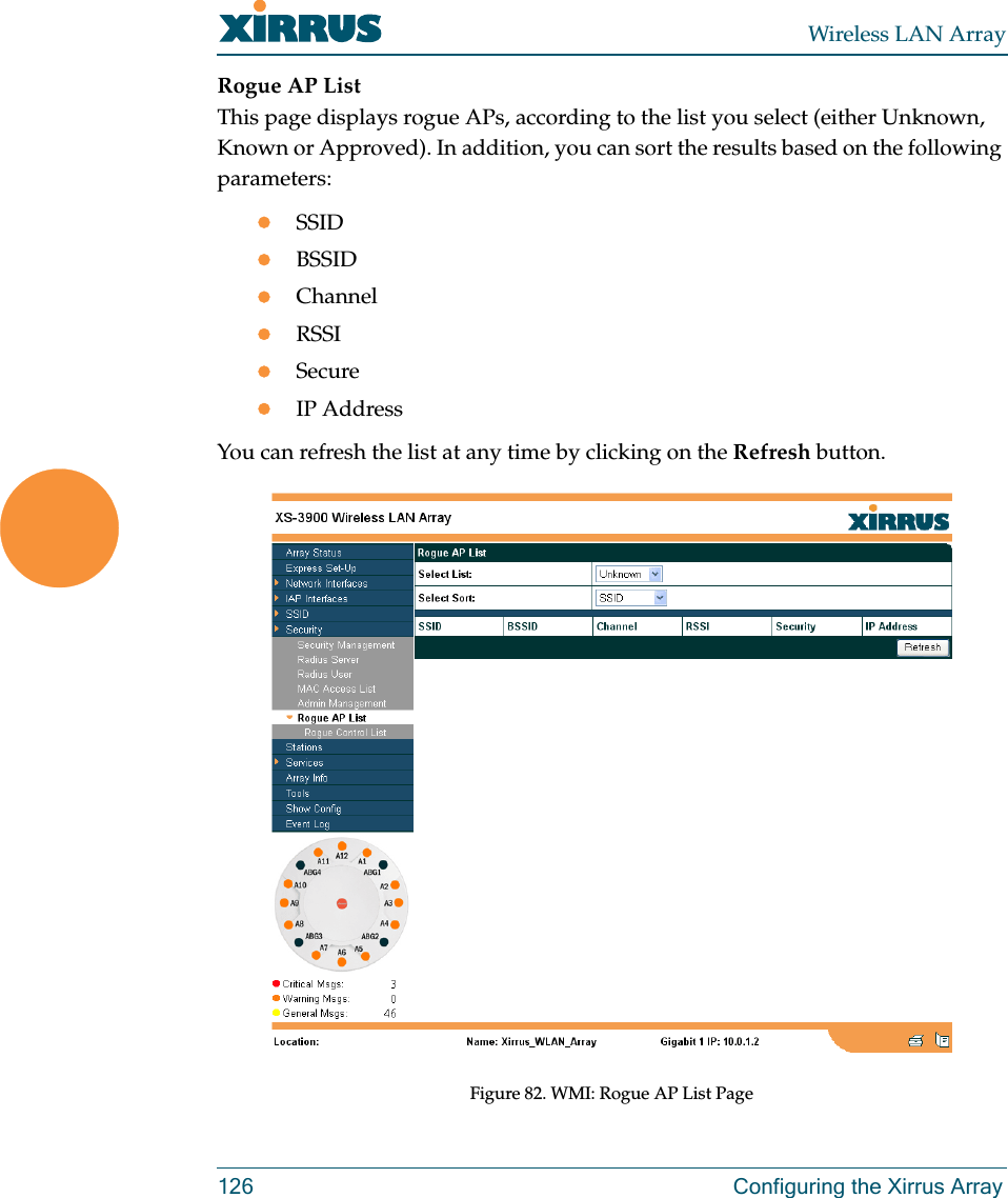 Wireless LAN Array126 Configuring the Xirrus ArrayRogue AP ListThis page displays rogue APs, according to the list you select (either Unknown, Known or Approved). In addition, you can sort the results based on the following parameters:zSSIDzBSSIDzChannelzRSSIzSecurezIP AddressYou can refresh the list at any time by clicking on the Refresh button.Figure 82. WMI: Rogue AP List Page