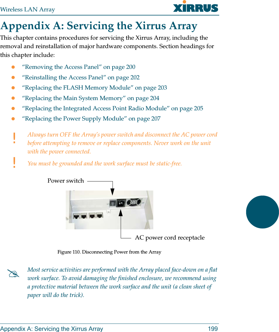 Wireless LAN ArrayAppendix A: Servicing the Xirrus Array 199Appendix A: Servicing the Xirrus ArrayThis chapter contains procedures for servicing the Xirrus Array, including the removal and reinstallation of major hardware components. Section headings for this chapter include:z“Removing the Access Panel” on page 200z“Reinstalling the Access Panel” on page 202z“Replacing the FLASH Memory Module” on page 203z“Replacing the Main System Memory” on page 204z“Replacing the Integrated Access Point Radio Module” on page 205z“Replacing the Power Supply Module” on page 207!!Always turn OFF the Array’s power switch and disconnect the AC power cord before attempting to remove or replace components. Never work on the unit with the power connected.You must be grounded and the work surface must be static-free.Figure 110. Disconnecting Power from the Array#Most service activities are performed with the Array placed face-down on a flat work surface. To avoid damaging the finished enclosure, we recommend using a protective material between the work surface and the unit (a clean sheet of paper will do the trick).Power switchAC power cord receptacle