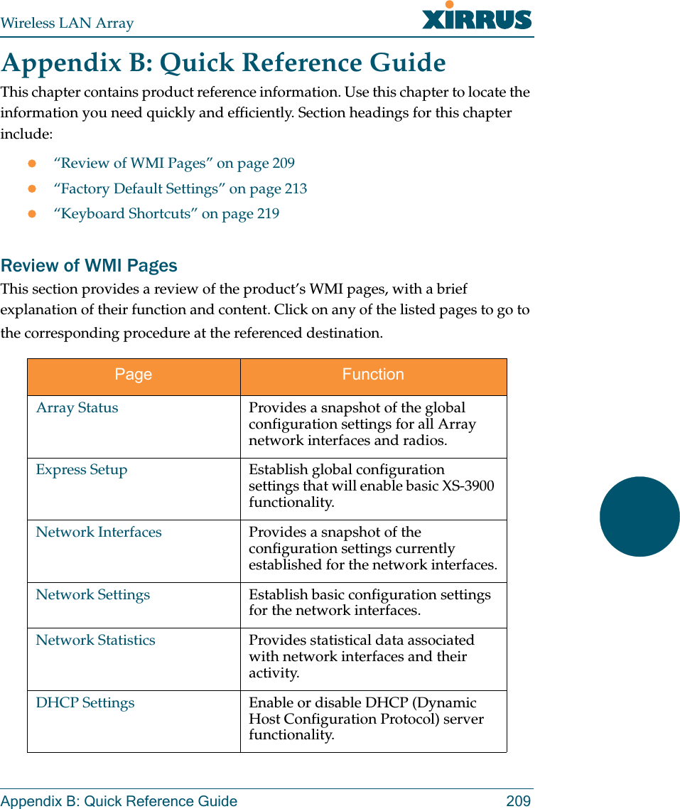 Wireless LAN ArrayAppendix B: Quick Reference Guide 209Appendix B: Quick Reference GuideThis chapter contains product reference information. Use this chapter to locate the information you need quickly and efficiently. Section headings for this chapter include:z“Review of WMI Pages” on page 209z“Factory Default Settings” on page 213z“Keyboard Shortcuts” on page 219Review of WMI PagesThis section provides a review of the product’s WMI pages, with a brief explanation of their function and content. Click on any of the listed pages to go to the corresponding procedure at the referenced destination.Page FunctionArray Status Provides a snapshot of the global configuration settings for all Array network interfaces and radios.Express Setup Establish global configuration settings that will enable basic XS-3900 functionality.Network Interfaces Provides a snapshot of the configuration settings currently established for the network interfaces.Network Settings Establish basic configuration settings for the network interfaces.Network Statistics Provides statistical data associated with network interfaces and their activity.DHCP Settings Enable or disable DHCP (Dynamic Host Configuration Protocol) server functionality.