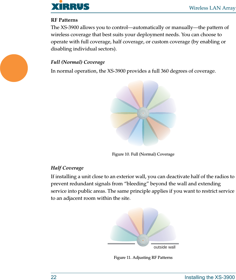 Wireless LAN Array22 Installing the XS-3900RF PatternsThe XS-3900 allows you to control—automatically or manually—the pattern of wireless coverage that best suits your deployment needs. You can choose to operate with full coverage, half coverage, or custom coverage (by enabling or disabling individual sectors).Full (Normal) CoverageIn normal operation, the XS-3900 provides a full 360 degrees of coverage.Figure 10. Full (Normal) CoverageHalf CoverageIf installing a unit close to an exterior wall, you can deactivate half of the radios to prevent redundant signals from “bleeding” beyond the wall and extending service into public areas. The same principle applies if you want to restrict service to an adjacent room within the site.Figure 11. Adjusting RF Patternsoutside wall