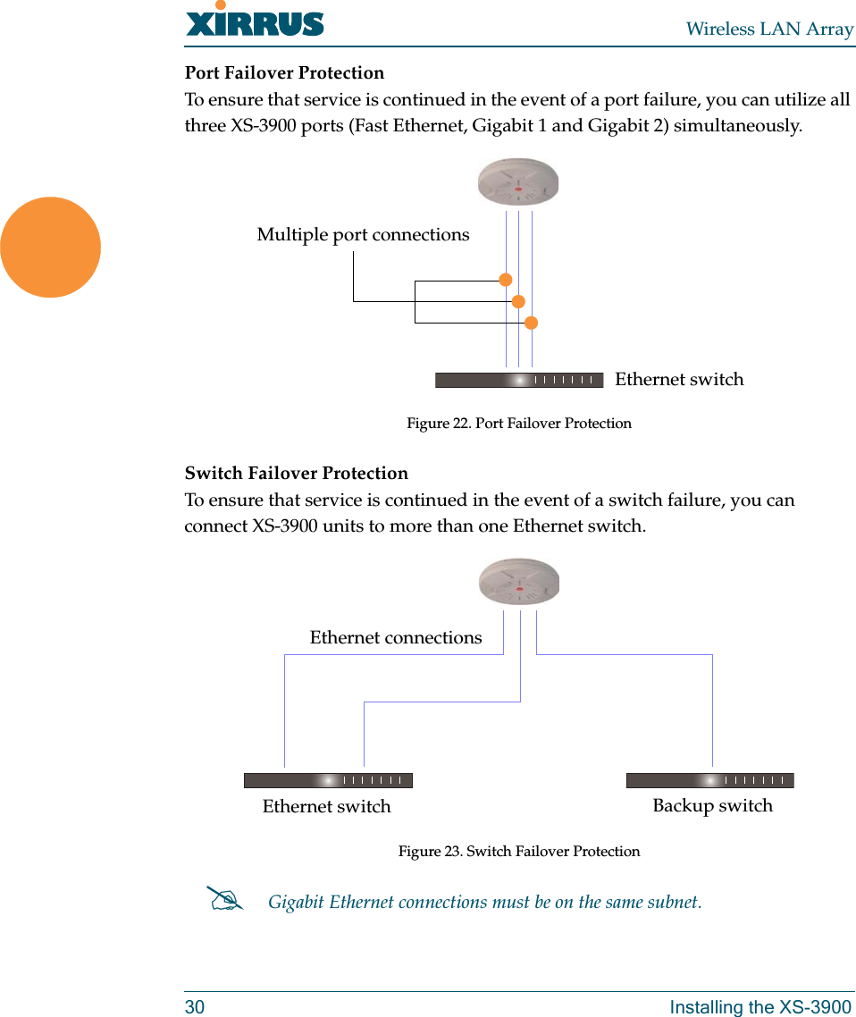 Wireless LAN Array30 Installing the XS-3900Port Failover ProtectionTo ensure that service is continued in the event of a port failure, you can utilize all three XS-3900 ports (Fast Ethernet, Gigabit 1 and Gigabit 2) simultaneously.Figure 22. Port Failover ProtectionSwitch Failover ProtectionTo ensure that service is continued in the event of a switch failure, you can connect XS-3900 units to more than one Ethernet switch.Figure 23. Switch Failover Protection#Gigabit Ethernet connections must be on the same subnet.Ethernet switchMultiple port connectionsEthernet switch Backup switchEthernet connections