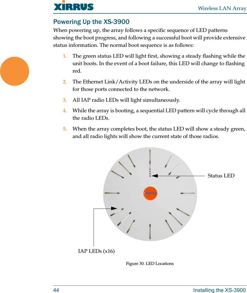 Wireless LAN Array44 Installing the XS-3900Powering Up the XS-3900When powering up, the array follows a specific sequence of LED patterns showing the boot progress, and following a successful boot will provide extensive status information. The normal boot sequence is as follows:1. The green status LED will light first, showing a steady flashing while the unit boots. In the event of a boot failure, this LED will change to flashing red.2. The Ethernet Link/Activity LEDs on the underside of the array will light for those ports connected to the network.3. All IAP radio LEDs will light simultaneously.4. While the array is booting, a sequential LED pattern will cycle through all the radio LEDs.5. When the array completes boot, the status LED will show a steady green, and all radio lights will show the current state of those radios.Figure 30. LED LocationsStatus LEDIAP LEDs (x16)