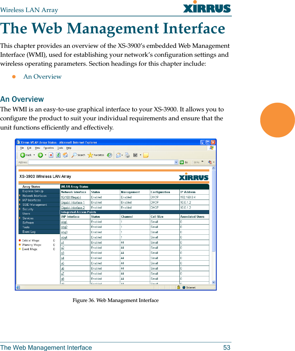 Wireless LAN ArrayThe Web Management Interface 53The Web Management InterfaceThis chapter provides an overview of the XS-3900’s embedded Web Management Interface (WMI), used for establishing your network’s configuration settings and wireless operating parameters. Section headings for this chapter include:zAn OverviewAn OverviewThe WMI is an easy-to-use graphical interface to your XS-3900. It allows you to configure the product to suit your individual requirements and ensure that the unit functions efficiently and effectively.Figure 36. Web Management Interface