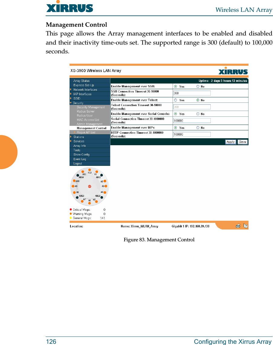 Wireless LAN Array126 Configuring the Xirrus ArrayManagement ControlThis page allows the Array management interfaces to be enabled and disabledand their inactivity time-outs set. The supported range is 300 (default) to 100,000seconds.Figure 83. Management Control