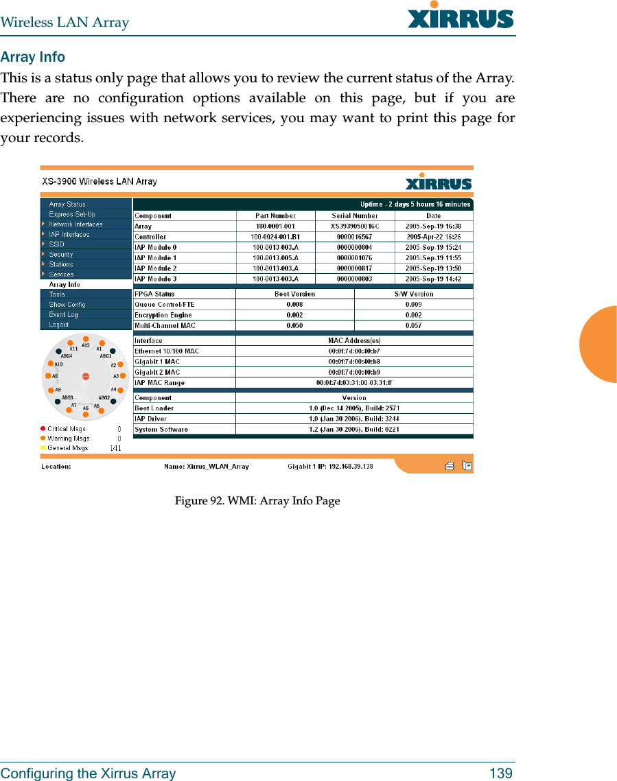 Wireless LAN ArrayConfiguring the Xirrus Array 139Array InfoThis is a status only page that allows you to review the current status of the Array.There are no configuration options available on this page, but if you areexperiencing issues with network services, you may want to print this page foryour records.Figure 92. WMI: Array Info Page