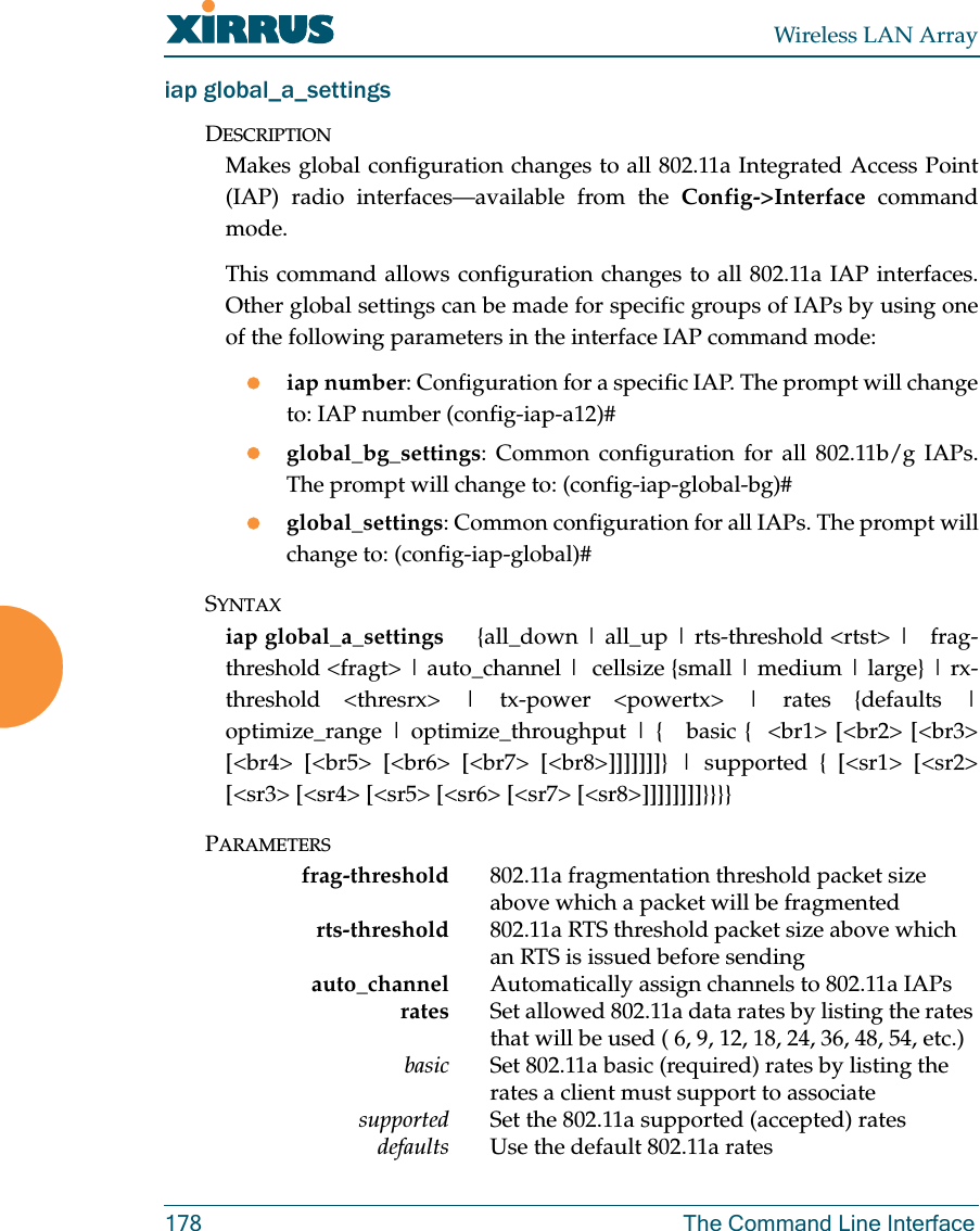 Wireless LAN Array178 The Command Line Interfaceiap global_a_settingsDESCRIPTIONMakes global configuration changes to all 802.11a Integrated Access Point(IAP) radio interfaces—available from the Config-&gt;Interface commandmode.This command allows configuration changes to all 802.11a IAP interfaces.Other global settings can be made for specific groups of IAPs by using oneof the following parameters in the interface IAP command mode:ziap number: Configuration for a specific IAP. The prompt will changeto: IAP number (config-iap-a12)#zglobal_bg_settings: Common configuration for all 802.11b/g IAPs.The prompt will change to: (config-iap-global-bg)#zglobal_settings: Common configuration for all IAPs. The prompt willchange to: (config-iap-global)#SYNTAXiap global_a_settings     {all_down | all_up | rts-threshold &lt;rtst&gt; |   frag-threshold &lt;fragt&gt; | auto_channel |  cellsize {small | medium | large} | rx-threshold &lt;thresrx&gt; | tx-power &lt;powertx&gt; | rates {defaults |optimize_range | optimize_throughput | {   basic {  &lt;br1&gt; [&lt;br2&gt; [&lt;br3&gt;[&lt;br4&gt; [&lt;br5&gt; [&lt;br6&gt; [&lt;br7&gt; [&lt;br8&gt;]]]]]]]} | supported { [&lt;sr1&gt; [&lt;sr2&gt;[&lt;sr3&gt; [&lt;sr4&gt; [&lt;sr5&gt; [&lt;sr6&gt; [&lt;sr7&gt; [&lt;sr8&gt;]]]]]]]]}}}}PARAMETERSfrag-threshold 802.11a fragmentation threshold packet size above which a packet will be fragmentedrts-threshold 802.11a RTS threshold packet size above which an RTS is issued before sendingauto_channel Automatically assign channels to 802.11a IAPsrates  Set allowed 802.11a data rates by listing the rates that will be used ( 6, 9, 12, 18, 24, 36, 48, 54, etc.)basic Set 802.11a basic (required) rates by listing the rates a client must support to associatesupported Set the 802.11a supported (accepted) ratesdefaults Use the default 802.11a rates