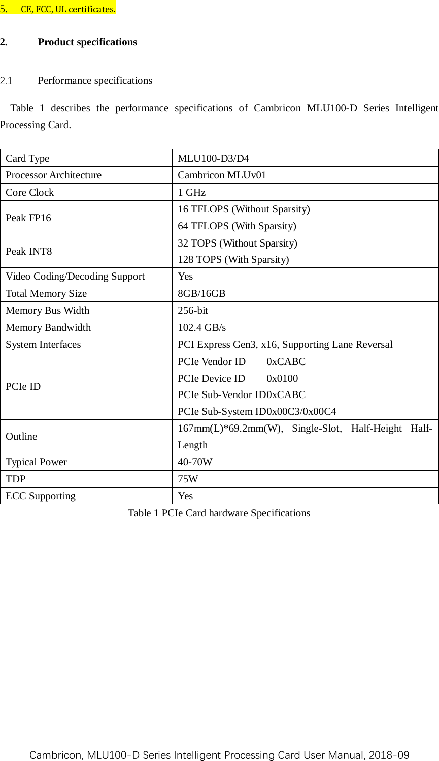 Cambricon, MLU100-D Series Intelligent Processing Card User Manual, 2018-09 5. CE, FCC, UL certificates. 2. Product specifications 2.1 Performance specifications Table  1  describes the performance specifications of Cambricon MLU100-D  Series Intelligent Processing Card.    Card Type  MLU100-D3/D4 Processor Architecture Cambricon MLUv01 Core Clock 1 GHz Peak FP16 16 TFLOPS (Without Sparsity) 64 TFLOPS (With Sparsity) Peak INT8 32 TOPS (Without Sparsity) 128 TOPS (With Sparsity) Video Coding/Decoding Support  Yes Total Memory Size  8GB/16GB Memory Bus Width  256-bit Memory Bandwidth 102.4 GB/s System Interfaces PCI Express Gen3, x16, Supporting Lane Reversal PCIe ID PCIe Vendor ID 0xCABC PCIe Device ID  0x0100 PCIe Sub-Vendor ID 0xCABC PCIe Sub-System ID 0x00C3/0x00C4 Outline 167mm(L)*69.2mm(W), Single-Slot, Half-Height Half-Length Typical Power  40-70W TDP  75W ECC Supporting  Yes Table 1 PCIe Card hardware Specifications    