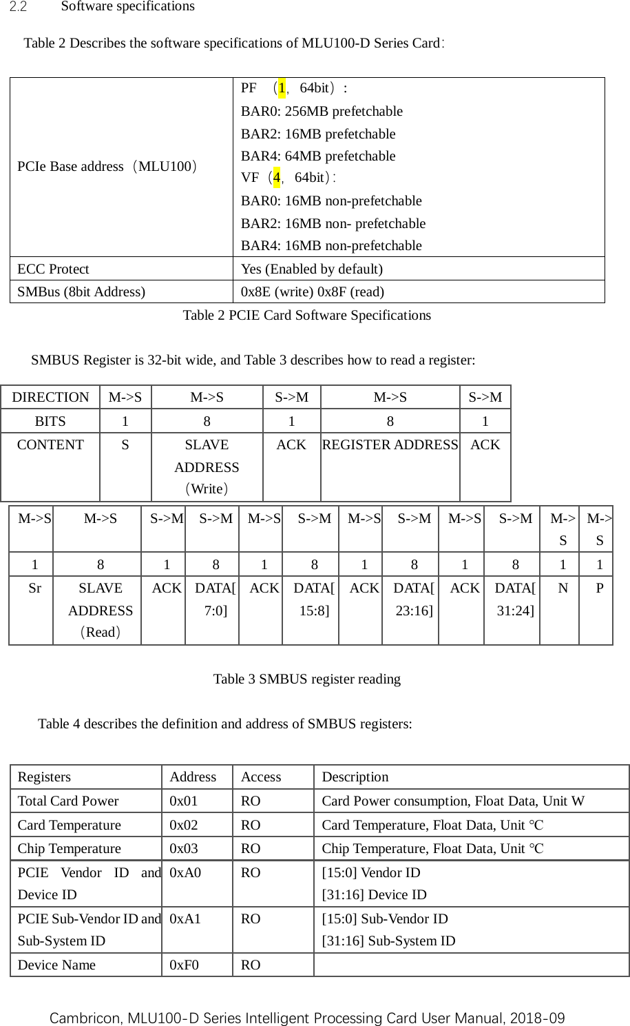 Cambricon, MLU100-D Series Intelligent Processing Card User Manual, 2018-09 2.2 Software specifications Table 2 Describes the software specifications of MLU100-D Series Card：    PCIe Base address（MLU100） PF （1，64bit）:   BAR0: 256MB prefetchable BAR2: 16MB prefetchable BAR4: 64MB prefetchable VF（4，64bit）：  BAR0: 16MB non-prefetchable BAR2: 16MB non- prefetchable BAR4: 16MB non-prefetchable ECC Protect  Yes (Enabled by default) SMBus (8bit Address)    0x8E (write) 0x8F (read) Table 2 PCIE Card Software Specifications     SMBUS Register is 32-bit wide, and Table 3 describes how to read a register:       M-&gt;S M-&gt;S  S-&gt;M S-&gt;M  M-&gt;S S-&gt;M  M-&gt;S S-&gt;M  M-&gt;S S-&gt;M  M-&gt;S M-&gt;S 1  8  1  8  1  8  1  8  1  8  1  1 Sr SLAVE ADDRESS（Read） ACK DATA[7:0] ACK DATA[15:8] ACK DATA[23:16] ACK DATA[31:24] N  P  Table 3 SMBUS register reading  Table 4 describes the definition and address of SMBUS registers: DIRECTION  M-&gt;S  M-&gt;S  S-&gt;M  M-&gt;S  S-&gt;M BITS  1  8  1  8  1 CONTENT  S  SLAVE ADDRESS（Write） ACK REGISTER ADDRESS ACK Registers  Address  Access Description Total Card Power  0x01  RO  Card Power consumption, Float Data, Unit W Card Temperature  0x02  RO  Card Temperature, Float Data, Unit ℃ Chip Temperature  0x03  RO  Chip Temperature, Float Data, Unit ℃ PCIE Vendor ID and Device ID 0xA0  RO [15:0] Vendor ID   [31:16] Device ID PCIE Sub-Vendor ID and Sub-System ID 0xA1  RO [15:0] Sub-Vendor ID [31:16] Sub-System ID       Device Name  0xF0  RO   