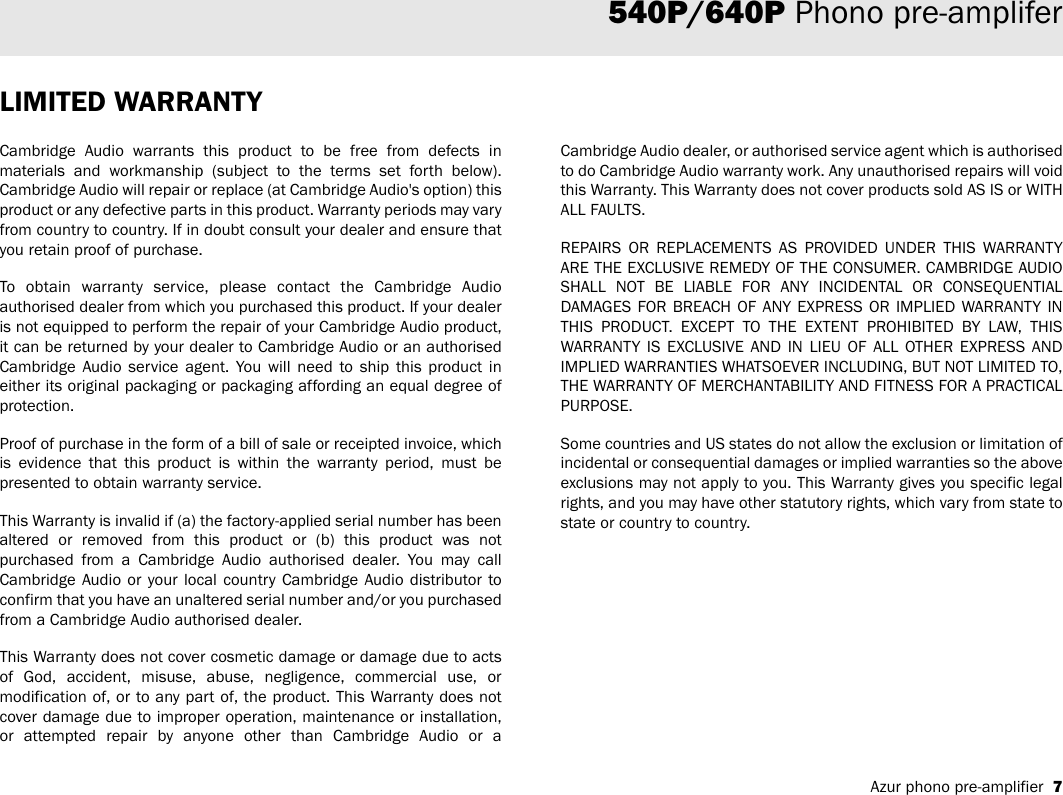 Page 7 of 8 - Cambridge-Audio Cambridge-Audio-Azur-540P-Users-Manual-  Cambridge-audio-azur-540p-users-manual