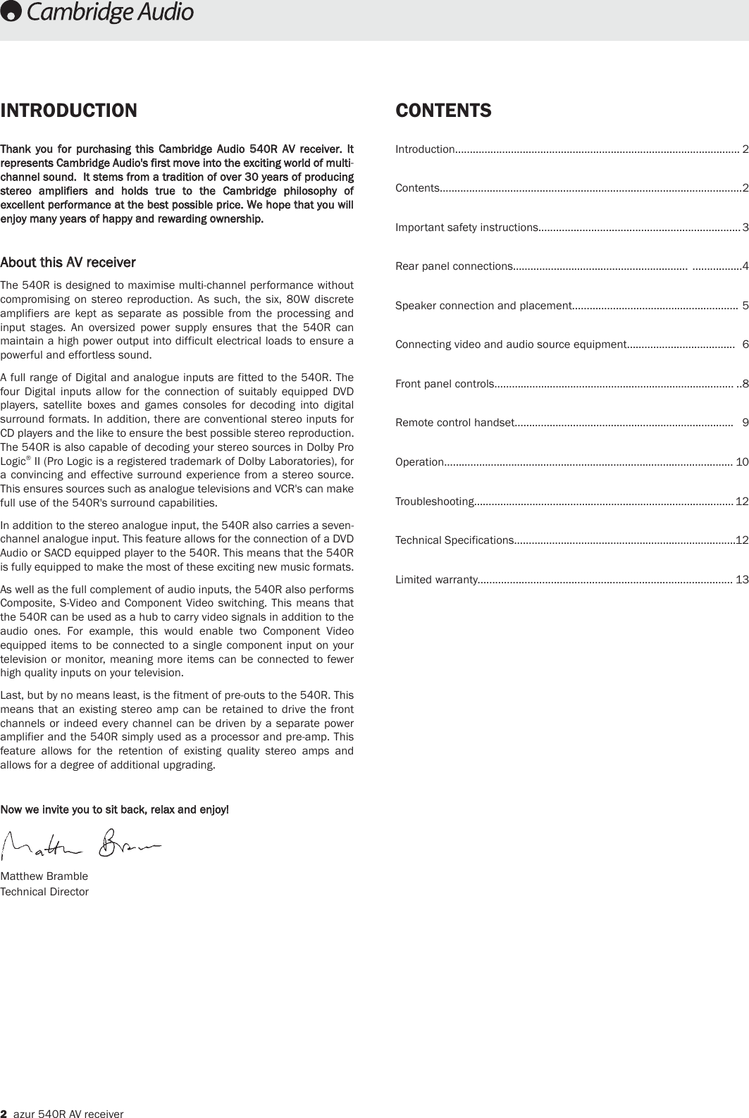 Page 1 of 12 - Cambridge-Audio Cambridge-Audio-Azur-540R-Users-Manual-  Cambridge-audio-azur-540r-users-manual