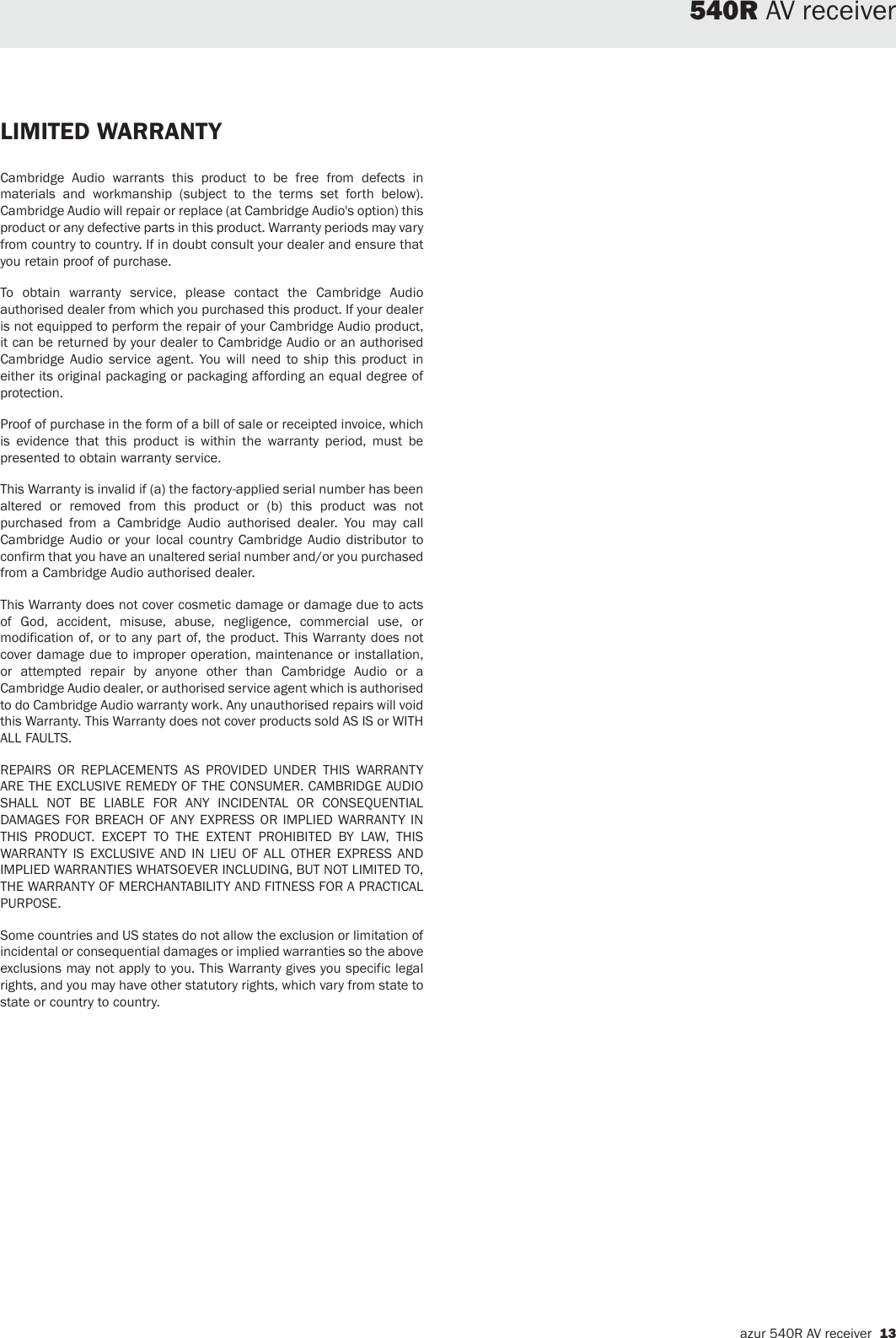 Page 12 of 12 - Cambridge-Audio Cambridge-Audio-Azur-540R-Users-Manual-  Cambridge-audio-azur-540r-users-manual
