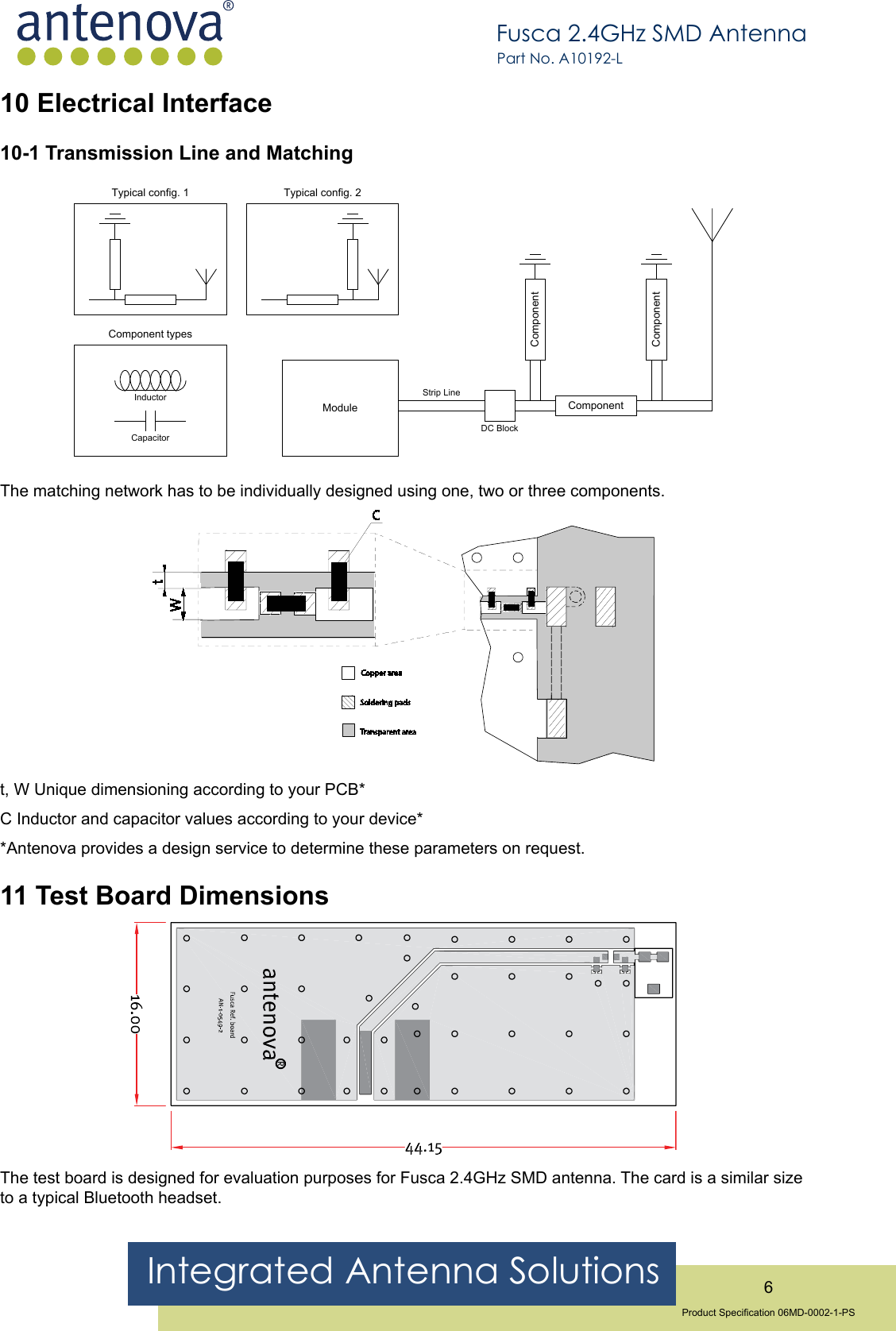 Integrated Antenna Solutions 6Product Specication 06MD-0002-1-PSFusca 2.4GHz SMD AntennaPart No. A10192-L10 Electrical Interface10-1 Transmission Line and MatchingTypical config. 1Typical config. 2InductorCapacitorComponent typesModule ComponentComponentComponentStrip LineDC BlockThe matching network has to be individually designed using one, two or three components.t, W Unique dimensioning according to your PCB*C Inductor and capacitor values according to your device**Antenova provides a design service to determine these parameters on request.11 Test Board DimensionsThe test board is designed for evaluation purposes for Fusca 2.4GHz SMD antenna. The card is a similar size to a typical Bluetooth headset.