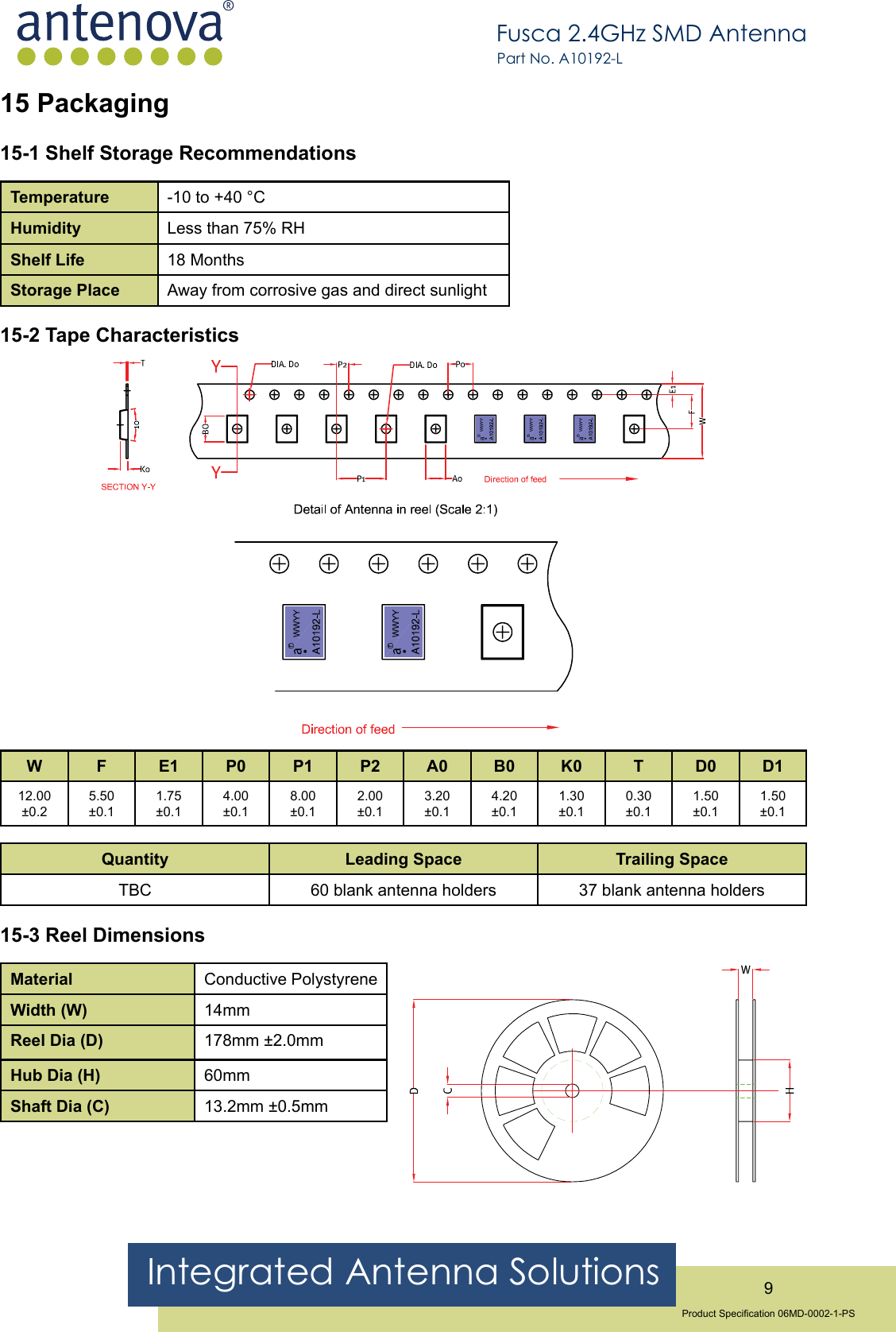 Integrated Antenna Solutions 9Product Specication 06MD-0002-1-PSFusca 2.4GHz SMD AntennaPart No. A10192-L15 Packaging15-1 Shelf Storage RecommendationsTemperature -10 to +40 °CHumidity Less than 75% RHShelf Life 18 MonthsStorage Place Away from corrosive gas and direct sunlight15-2 Tape CharacteristicsW F E1 P0 P1 P2 A0 B0 K0 T D0 D112.00 ±0.25.50 ±0.11.75 ±0.14.00 ±0.18.00 ±0.12.00 ±0.13.20 ±0.14.20 ±0.11.30 ±0.10.30 ±0.11.50 ±0.11.50 ±0.1Quantity Leading Space Trailing SpaceTBC 60 blank antenna holders 37 blank antenna holders15-3 Reel DimensionsMaterial Conductive PolystyreneWidth (W) 14mmReel Dia (D) 178mm ±2.0mmHub Dia (H) 60mmShaft Dia (C) 13.2mm ±0.5mm