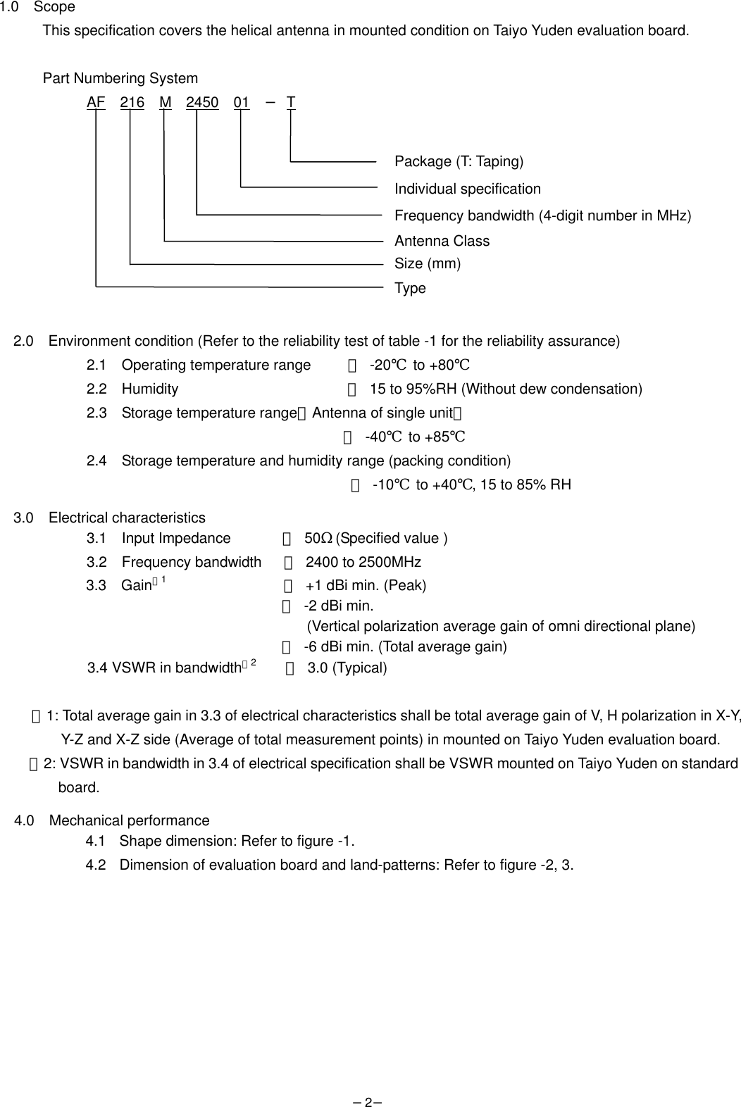 −2− 1.0 Scope This specification covers the helical antenna in mounted condition on Taiyo Yuden evaluation board.  Part Numbering System AF 216 M 2450 01  − T                                          2.0    Environment condition (Refer to the reliability test of table -1 for the reliability assurance)         2.1 Operating temperature range    ： -20℃ to +80℃       2.2 Humidity                    ： 15 to 95%RH (Without dew condensation)                           2.3  Storage temperature range（Antenna of single unit）   ： -40℃ to +85℃ 2.4 Storage temperature and humidity range (packing condition)   ： -10℃ to +40℃, 15 to 85% RH   3.0 Electrical characteristics       3.1 Input Impedance       ： 50Ω(Specified value )       3.2 Frequency bandwidth   ：  2400 to 2500MHz 3.3 Gain＊1            ：  +1 dBi min. (Peak)                           ： -2 dBi min.  (Vertical polarization average gain of omni directional plane)                           ：  -6 dBi min. (Total average gain) 3.4 VSWR in bandwidth＊2   ： 3.0 (Typical)       ＊1: Total average gain in 3.3 of electrical characteristics shall be total average gain of V, H polarization in X-Y, Y-Z and X-Z side (Average of total measurement points) in mounted on Taiyo Yuden evaluation board. ＊2: VSWR in bandwidth in 3.4 of electrical specification shall be VSWR mounted on Taiyo Yuden on standard board.   4.0 Mechanical performance 4.1   Shape dimension: Refer to figure -1. 4.2   Dimension of evaluation board and land-patterns: Refer to figure -2, 3.          Package (T: Taping) Individual specification Frequency bandwidth (4-digit number in MHz)Size (mm)Antenna ClassType