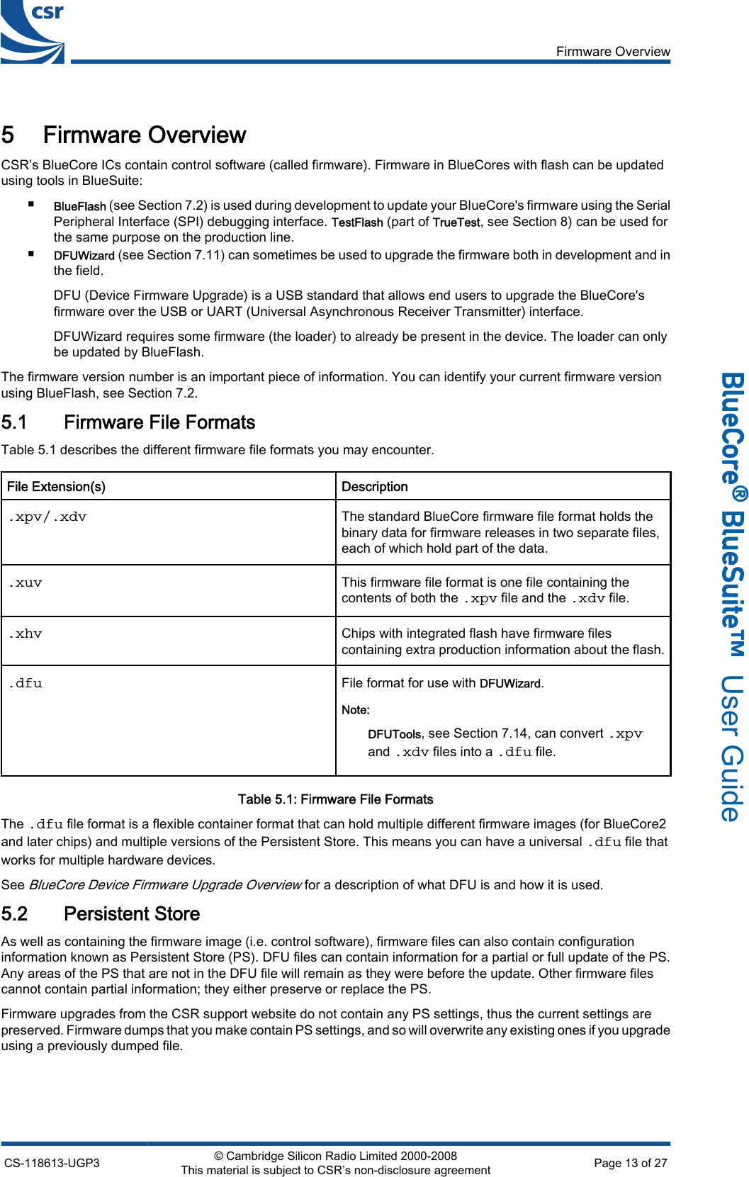 5 Firmware OverviewCSR’s BlueCore ICs contain control software (called firmware). Firmware in BlueCores with flash can be updatedusing tools in BlueSuite:■BlueFlash (see Section 7.2) is used during development to update your BlueCore&apos;s firmware using the SerialPeripheral Interface (SPI) debugging interface. TestFlash (part of TrueTest, see Section 8) can be used forthe same purpose on the production line.■DFUWizard (see Section 7.11) can sometimes be used to upgrade the firmware both in development and inthe field.DFU (Device Firmware Upgrade) is a USB standard that allows end users to upgrade the BlueCore&apos;sfirmware over the USB or UART (Universal Asynchronous Receiver Transmitter) interface.DFUWizard requires some firmware (the loader) to already be present in the device. The loader can onlybe updated by BlueFlash.The firmware version number is an important piece of information. You can identify your current firmware versionusing BlueFlash, see Section 7.2.5.1 Firmware File FormatsTable 5.1 describes the different firmware file formats you may encounter.File Extension(s) Description.xpv/.xdvThe standard BlueCore firmware file format holds thebinary data for firmware releases in two separate files,each of which hold part of the data..xuvThis firmware file format is one file containing thecontents of both the .xpv file and the .xdv file..xhvChips with integrated flash have firmware filescontaining extra production information about the flash..dfuFile format for use with DFUWizard.Note:DFUTools, see Section 7.14, can convert .xpvand .xdv files into a .dfu file.Table 5.1: Firmware File FormatsThe .dfu file format is a flexible container format that can hold multiple different firmware images (for BlueCore2and later chips) and multiple versions of the Persistent Store. This means you can have a universal .dfu file thatworks for multiple hardware devices.See BlueCore Device Firmware Upgrade Overview for a description of what DFU is and how it is used.5.2 Persistent StoreAs well as containing the firmware image (i.e. control software), firmware files can also contain configurationinformation known as Persistent Store (PS). DFU files can contain information for a partial or full update of the PS.Any areas of the PS that are not in the DFU file will remain as they were before the update. Other firmware filescannot contain partial information; they either preserve or replace the PS.Firmware upgrades from the CSR support website do not contain any PS settings, thus the current settings arepreserved. Firmware dumps that you make contain PS settings, and so will overwrite any existing ones if you upgradeusing a previously dumped file.Firmware OverviewCS-118613-UGP3 © Cambridge Silicon Radio Limited 2000-2008This material is subject to CSR’s non-disclosure agreement Page 13 of 27_äìÉ`çêÉ∆=_äìÉpìáíÉ»  User Guide
