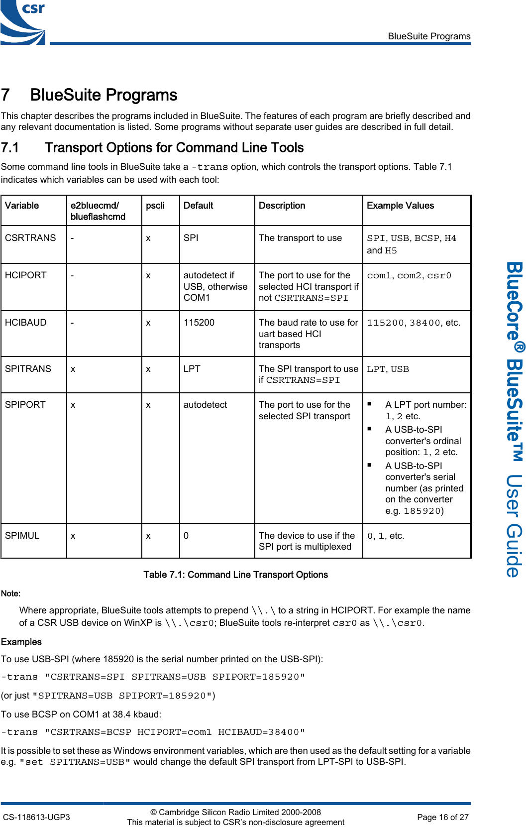 7 BlueSuite ProgramsThis chapter describes the programs included in BlueSuite. The features of each program are briefly described andany relevant documentation is listed. Some programs without separate user guides are described in full detail.7.1 Transport Options for Command Line ToolsSome command line tools in BlueSuite take a -trans option, which controls the transport options. Table 7.1indicates which variables can be used with each tool:Variable e2bluecmd/blueflashcmdpscli Default Description Example ValuesCSRTRANS - x SPI The transport to useSPI, USB, BCSP, H4and H5HCIPORT - x autodetect ifUSB, otherwiseCOM1The port to use for theselected HCI transport ifnot CSRTRANS=SPIcom1, com2, csr0HCIBAUD - x 115200 The baud rate to use foruart based HCItransports115200, 38400, etc.SPITRANS x x LPT The SPI transport to useif CSRTRANS=SPI LPT, USBSPIPORT x x autodetect The port to use for theselected SPI transport■A LPT port number:1, 2 etc.■A USB-to-SPIconverter&apos;s ordinalposition: 1, 2 etc.■A USB-to-SPIconverter&apos;s serialnumber (as printedon the convertere.g. 185920)SPIMUL x x 0 The device to use if theSPI port is multiplexed0, 1, etc.Table 7.1: Command Line Transport OptionsNote:Where appropriate, BlueSuite tools attempts to prepend \\.\ to a string in HCIPORT. For example the nameof a CSR USB device on WinXP is \\.\csr0; BlueSuite tools re-interpret csr0 as \\.\csr0.ExamplesTo use USB-SPI (where 185920 is the serial number printed on the USB-SPI):-trans &quot;CSRTRANS=SPI SPITRANS=USB SPIPORT=185920&quot; (or just &quot;SPITRANS=USB SPIPORT=185920&quot;)To use BCSP on COM1 at 38.4 kbaud:-trans &quot;CSRTRANS=BCSP HCIPORT=com1 HCIBAUD=38400&quot;It is possible to set these as Windows environment variables, which are then used as the default setting for a variablee.g. &quot;set SPITRANS=USB&quot; would change the default SPI transport from LPT-SPI to USB-SPI.BlueSuite ProgramsCS-118613-UGP3 © Cambridge Silicon Radio Limited 2000-2008This material is subject to CSR’s non-disclosure agreement Page 16 of 27_äìÉ`çêÉ∆=_äìÉpìáíÉ»  User Guide