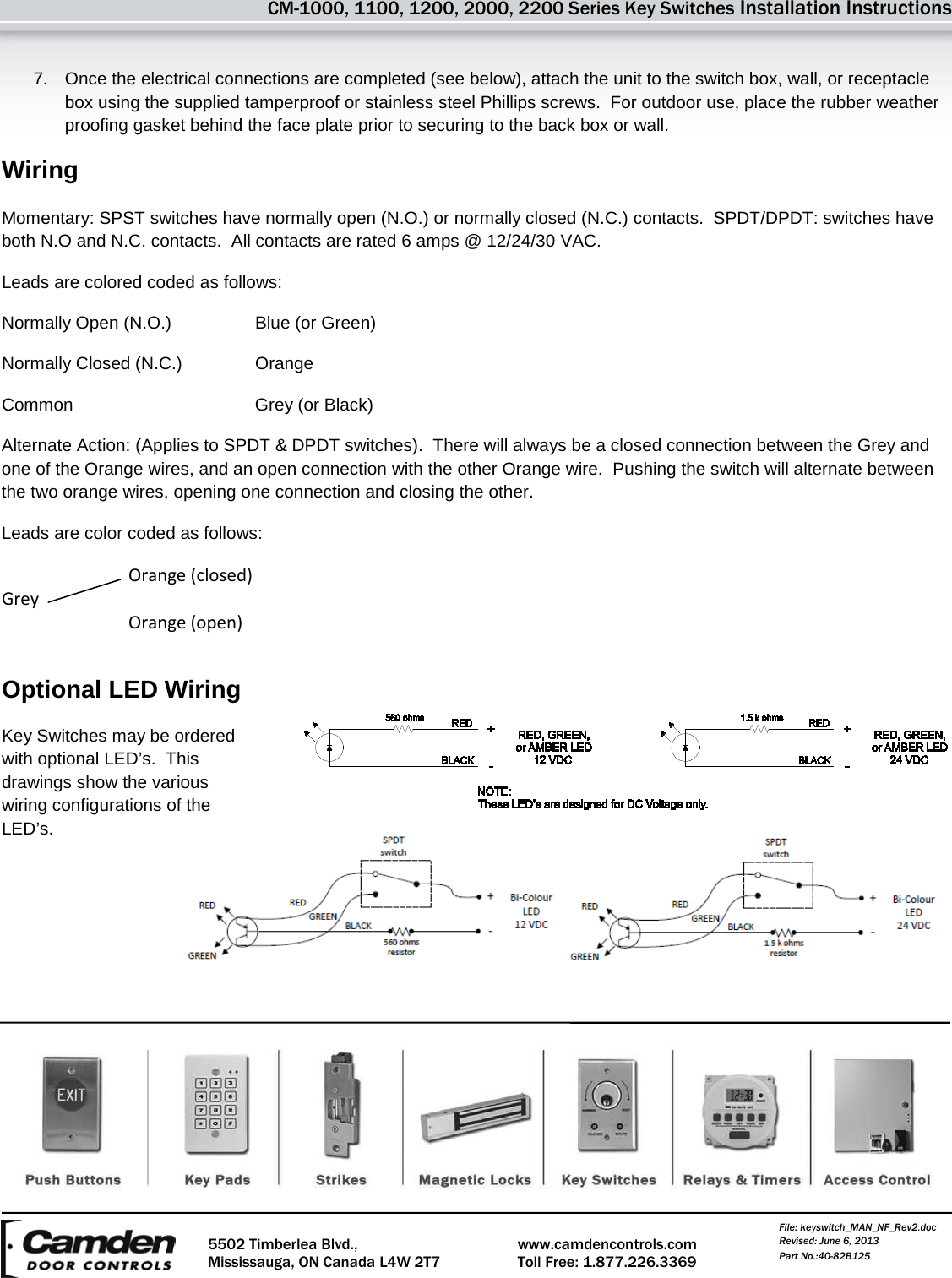 Camden CM 1000, 1100, 1200, 2000, 2200 Series Key Switches Installation