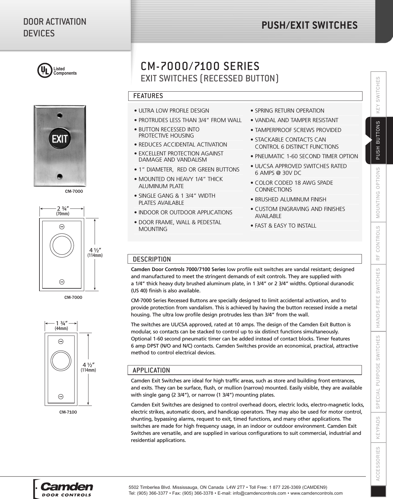 Camden CM 7000/7100 Series Exit Switches (Recessed Button) 7000 7100 ...